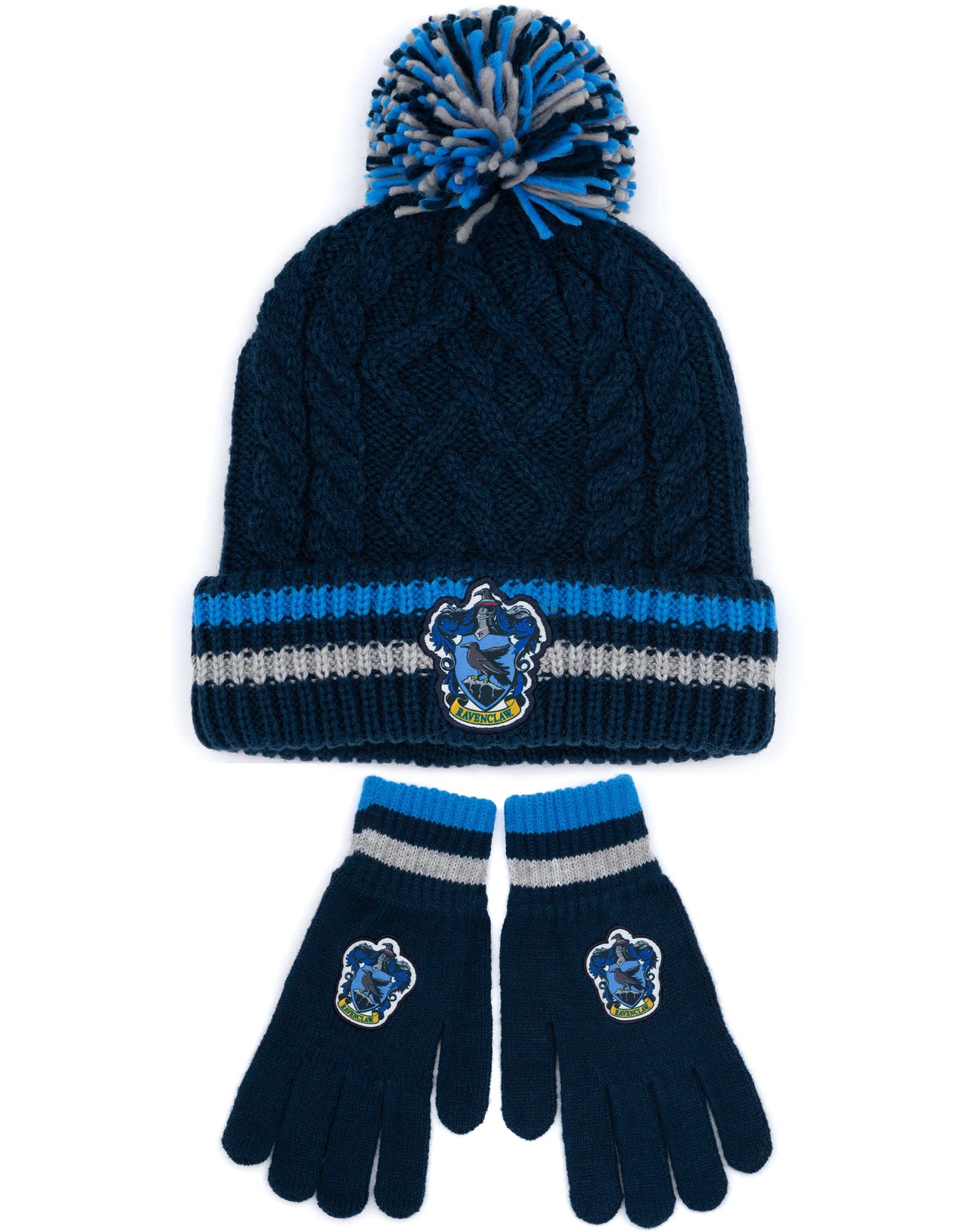 Harry Potter Unisex Ravenclaw Hat And Gloves Set Adults | Mens Womens Gryffindor Or Slytherin Hufflepuff House Options Knitted Pom Pom Beanie | One Size Winter Hat