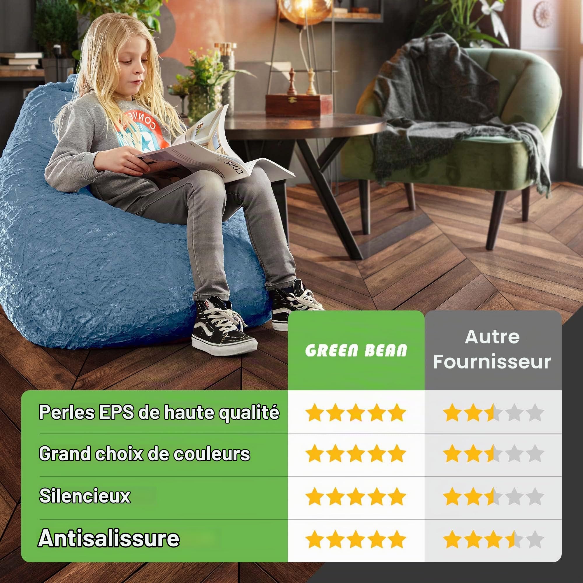 Green Bean© Pouf en Peluche 60x45x45cm - Intérieur Avec Remplissage 120L EPS Perles Doux et Lavable - Bean Bag Coussin de Sol Lounge Chair - Gris