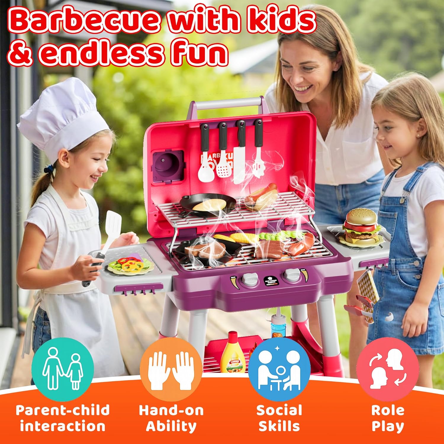 Kids Play Kitchen Toys, Kids BBQ Grill Playset，2-Tier Barbecue Toy with Wheels, Smoke Sound Light, Outdoor Play Food Toys Cooking Set, Birthday Gift for Toddlers 3-5（Pink）