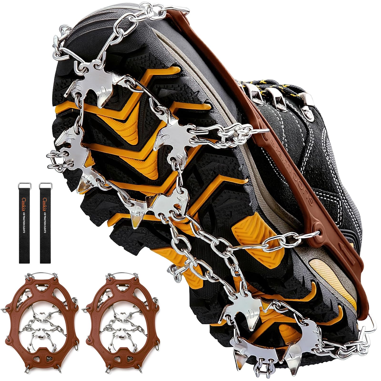 Cimkiz Crampons Ice Cleats Traction Snow Grips for Boots Shoes Women Men Anti Slip 19 Stainless Steel Spikes Safe Protect for Hiking Fishing Walking