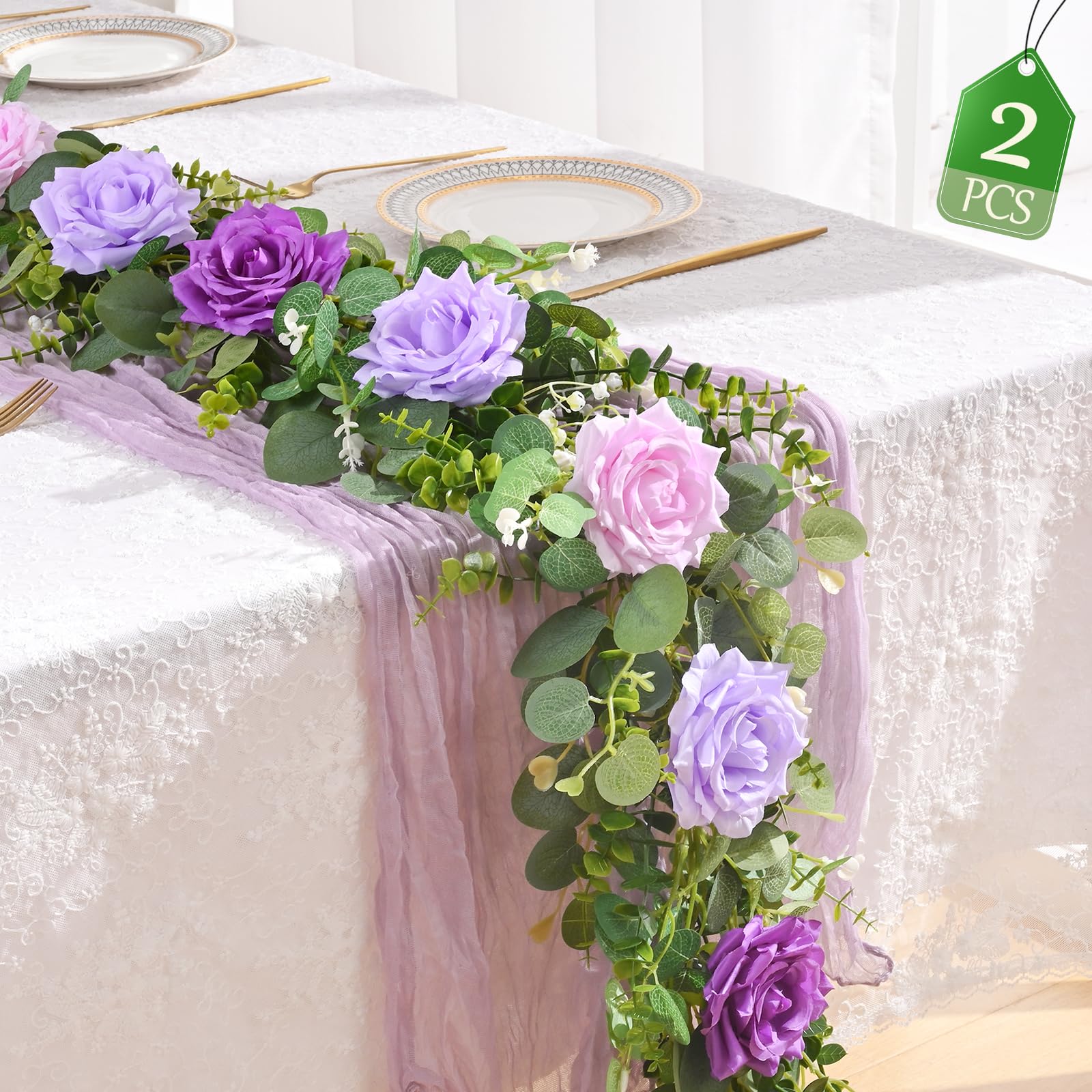 Livole Lot de 2 guirlandes de Fleurs d'eucalyptus artificielles de 2,5 m à Suspendre pour Mariage, Centre de Table, fête, Arche, cérémonie, Toile de Fond (Violet)