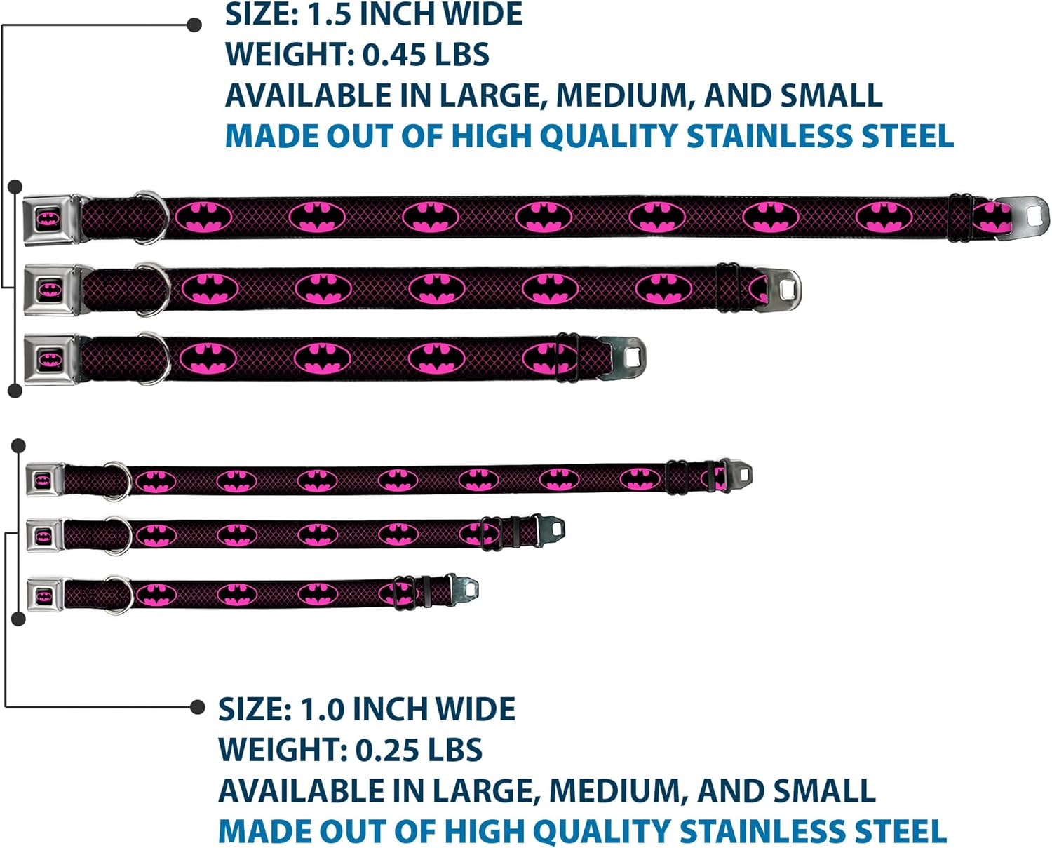 Dog Collar Seatbelt Buckle Batman Shield Chainlink Black Hot Pink 16 to 23 Inches 1.5 Inch Wide