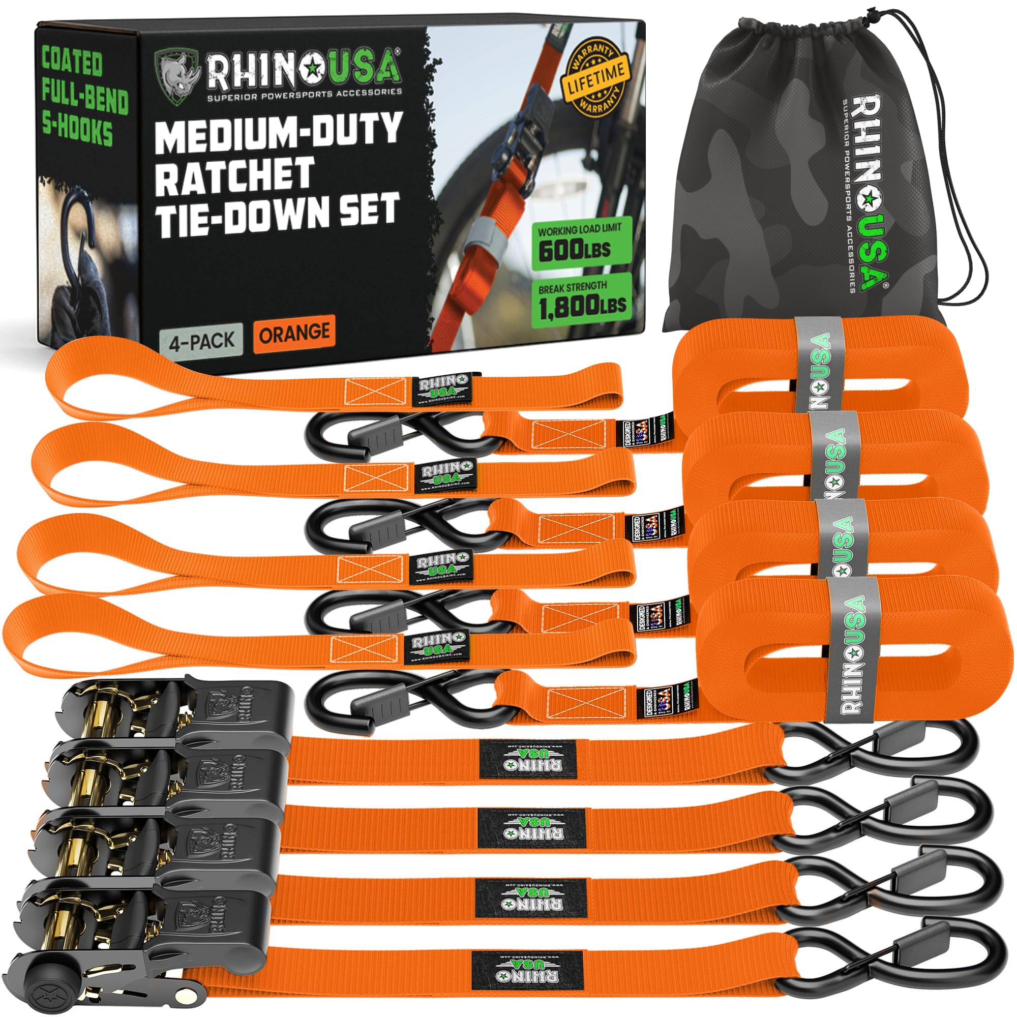 Rhino USA Ratchet Straps Tie Downs (4-Pack) - 1 Inch x 15 Feet (1,823lb Break Strength) - Ultimate Tie Down Straps with Safety S Hooks - for Trucks, Cargo, Moving, Appliances - Orange