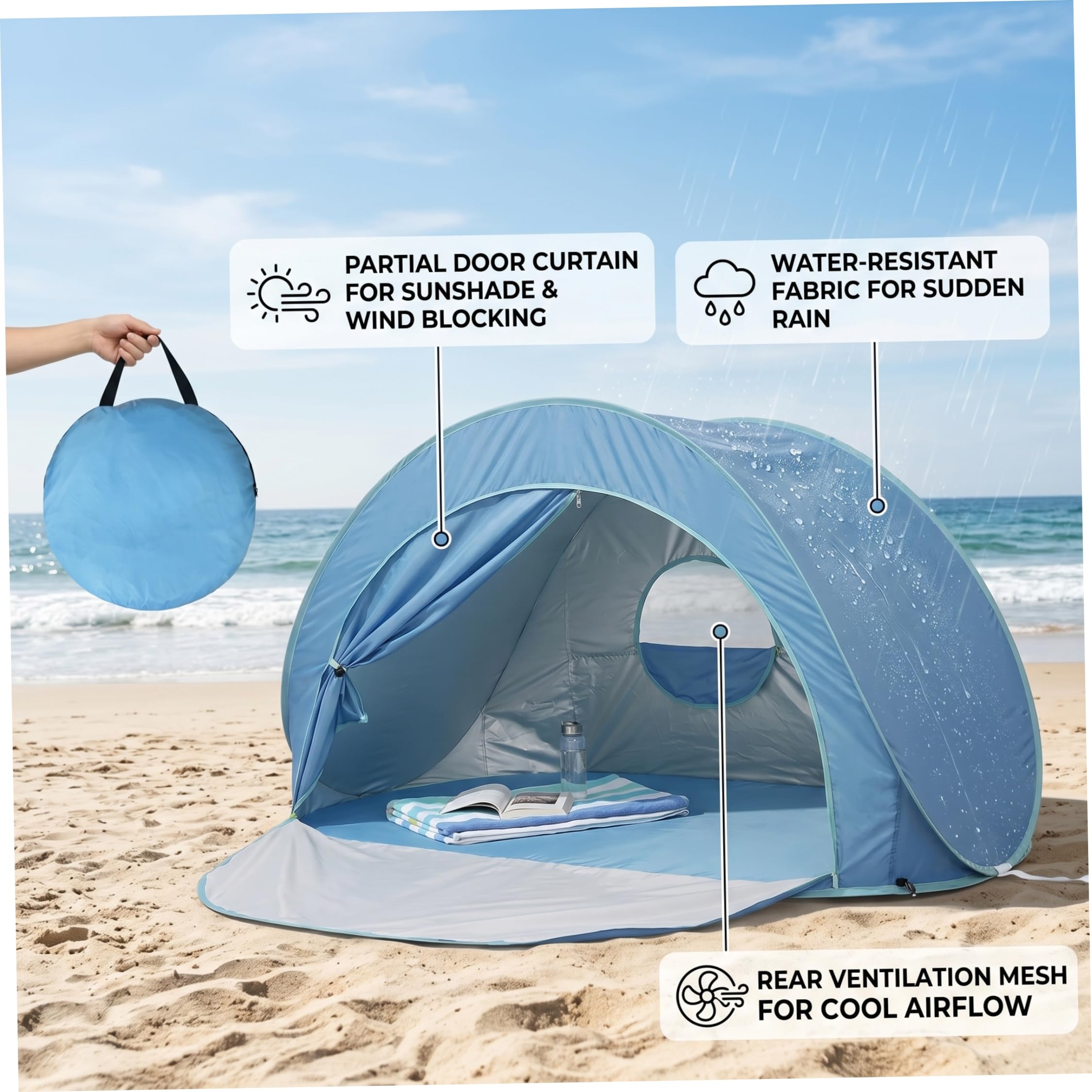 Tente de Plage Pop-up pour 3 à 4 Personnes, Pare-Soleil de Plage Portable et Pliable avec Rideau à Fermeture éclair, Tente d'extérieur Installation instantanée Automatique, Bleu, Facile