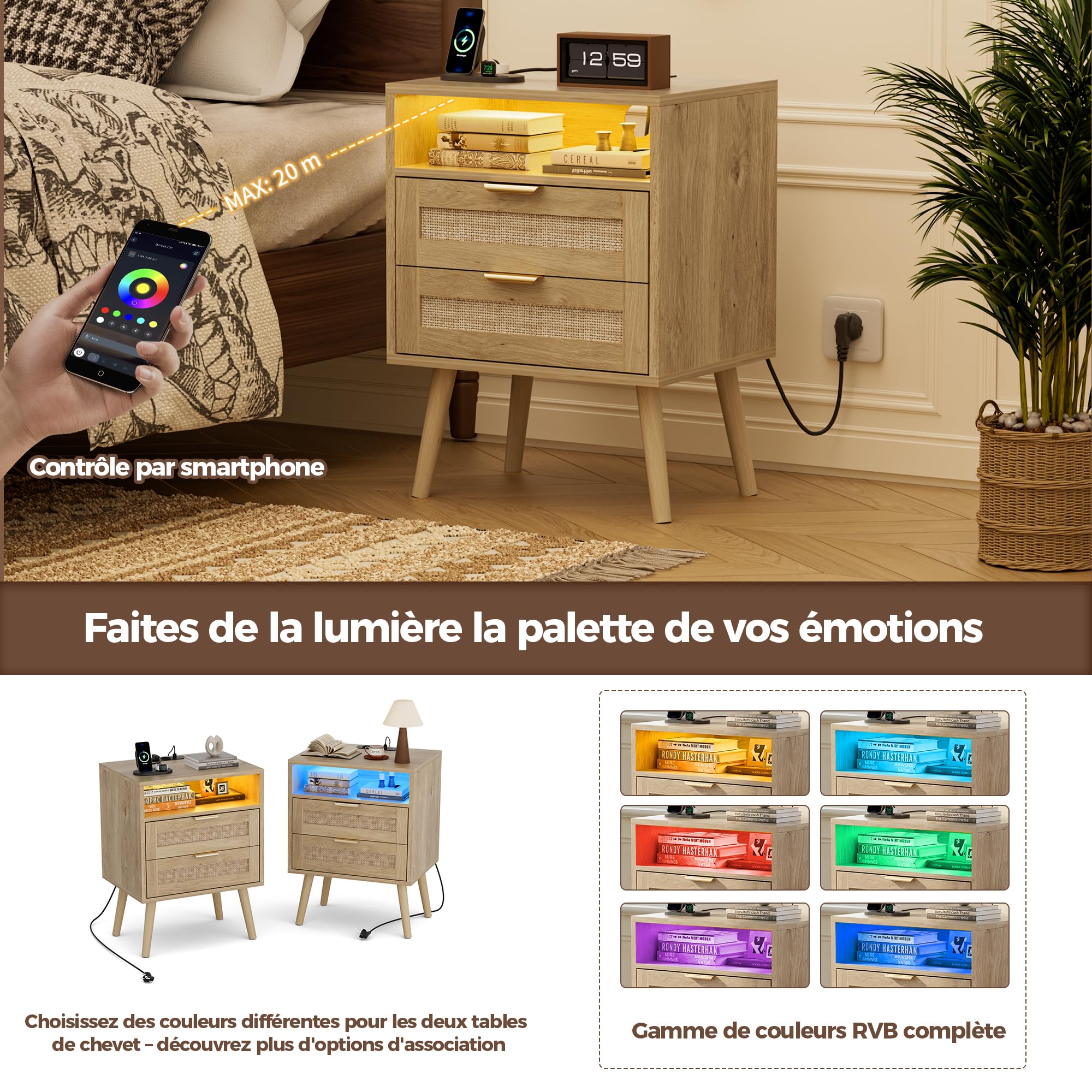 BonVache Table de Chevet Lot de 2 avec Lumière Réglable, Table de Nuit, Prise intégrée et Ports USB-A & C, Compartiment Ouvert et 2 Tiroirs en Cannage, Pieds en Bois Massif, Rotin Naturel