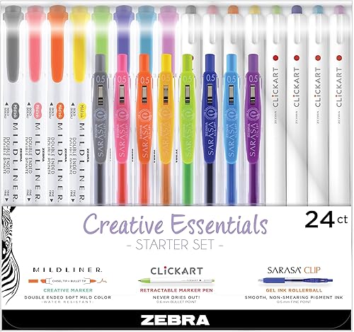 Zebra Pen Creative Essentials - Juego de iniciación, incluye 8 resaltadores, 8 marcadores y 8 bolígrafos de gel retráctiles Sarasa Clip, colores de