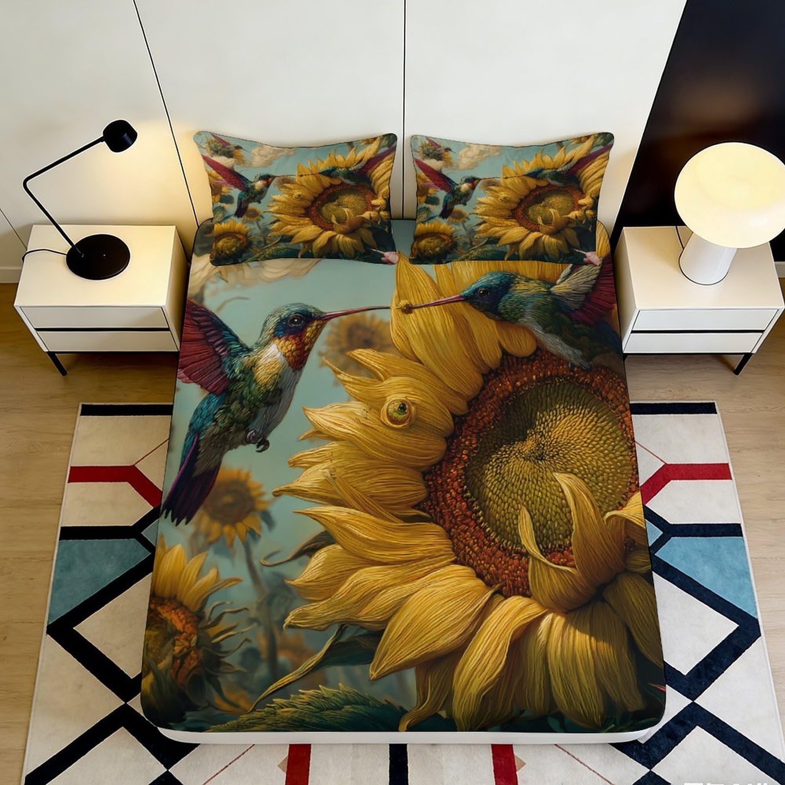 3D Printed Sunflower Fitted Sheet Microfiber Anti-Slip Hummingbird Bed Cover for Bedroom Dorm Machine Washable 90x200x25cm