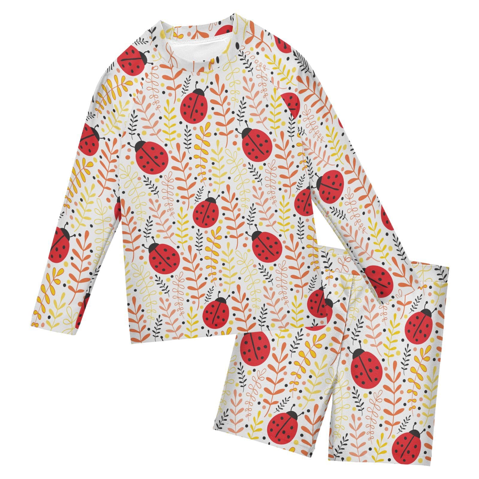 Aflyko Kids' Bathing Suit Set Ladybug Spring Leaves Long Sleeve Swim Tops with Shorts Summer Vacation Pool Party Rashguard Fun Cute Toddler Infant Beachwear, 4T