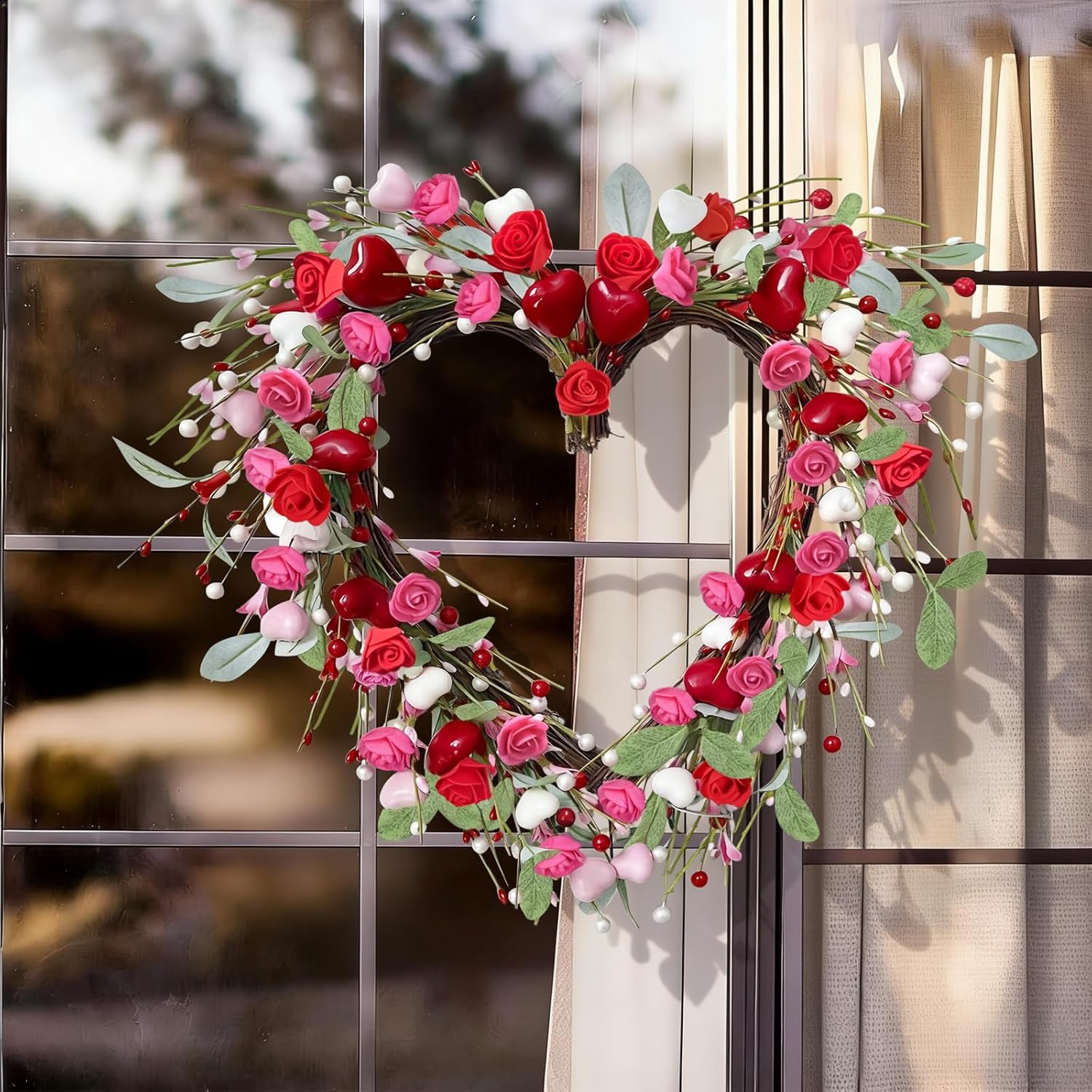 Valentines Day Wreaths for Front Door 17.7 Inch Heart Wreath with Roses Hearts Berries Handmade Grapevine Pink Wreath for Door Wall Home Wedding Party Gift Valentines Decorations - Image 9