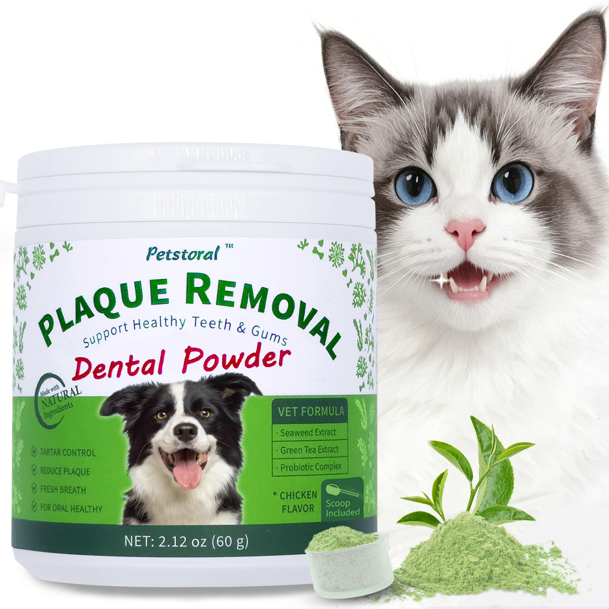 Petstoral Plaque Removal Natural Dental Powder for Cats - Cat Dental Care and Bad Breath Treatment, Chicken Flavour - Cat Teeth Cleaning Powder