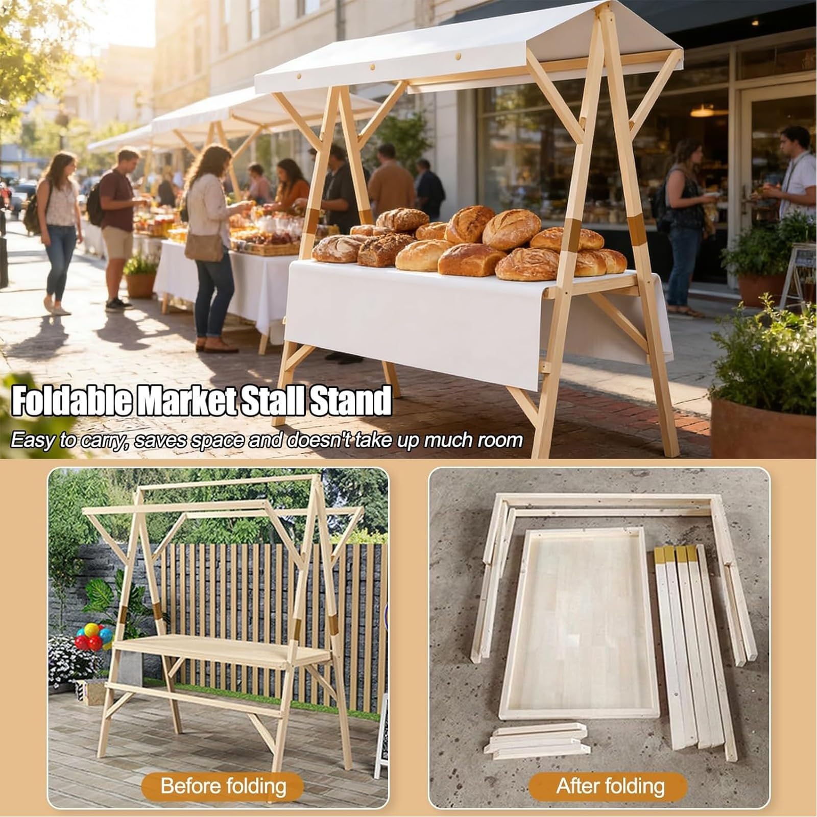 Carretto Ambulante in Legno Pieghevole con Tetto, Carretto per Venditori Ambulanti con Ruote per Festival e Spiagge, Eventi All'aperto, Street Food, Mercati, Portata 550 Libbre(White,150cm/59in)