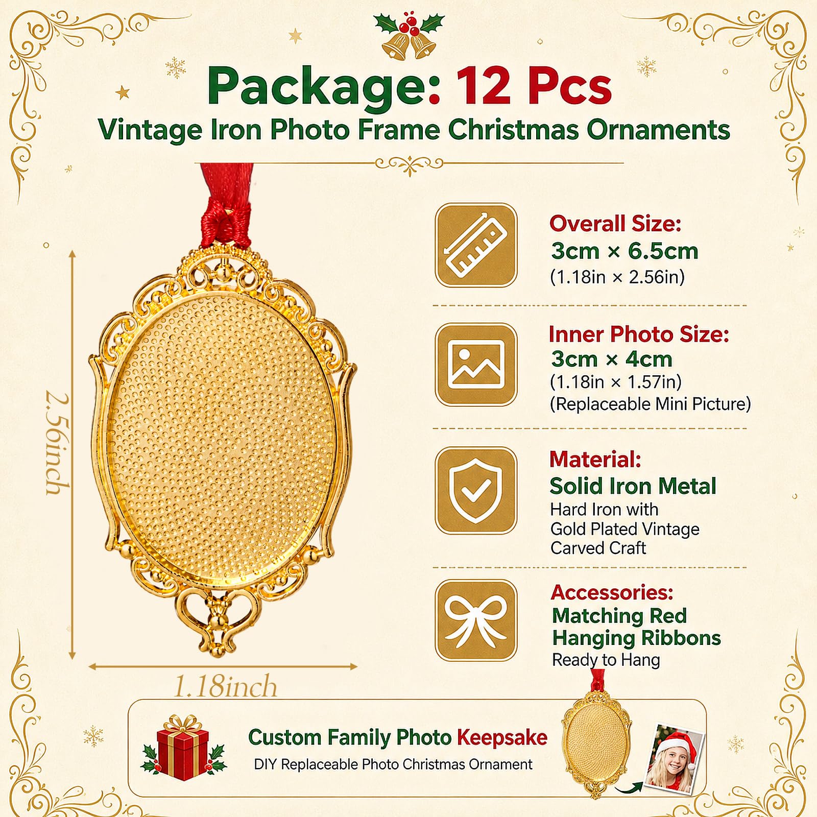 12 adornos pequeños dorados para fotos de Navidad