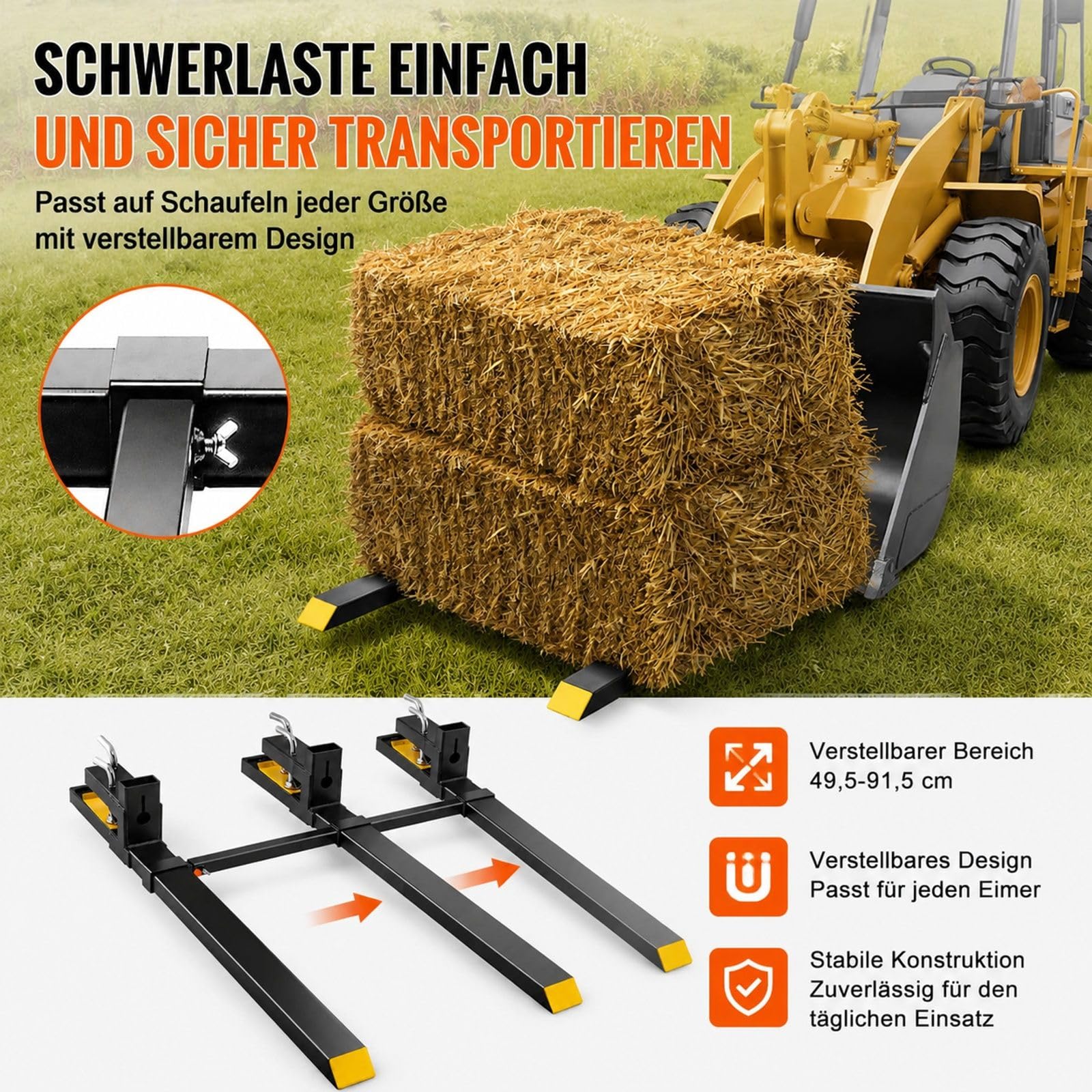 Palettengabeln zum Anklemmen für Traktor mit verstellbarer Stabilisatorstange, für Frontlader, Schaufel und Gabelstapler