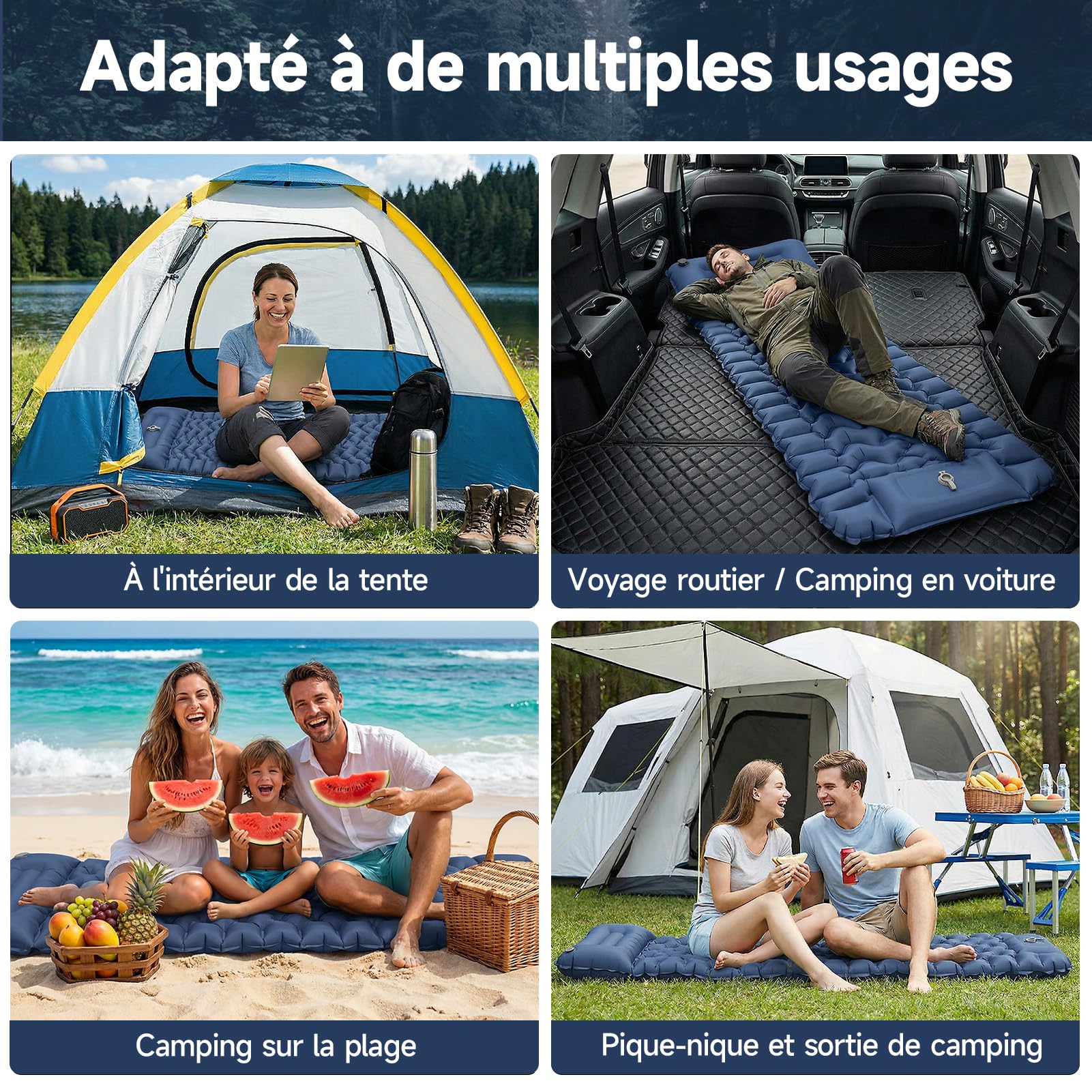 Tapis de Sol Camping 1 Place XL - Matelas Camping Ultra Léger 196x74x9 cm, TPU 40D résistant à l’Eau, Pompe à Pied, Oreiller et Housse intégrés - Idéal randonnée, Tente, Plage, Voyage (Bleu)