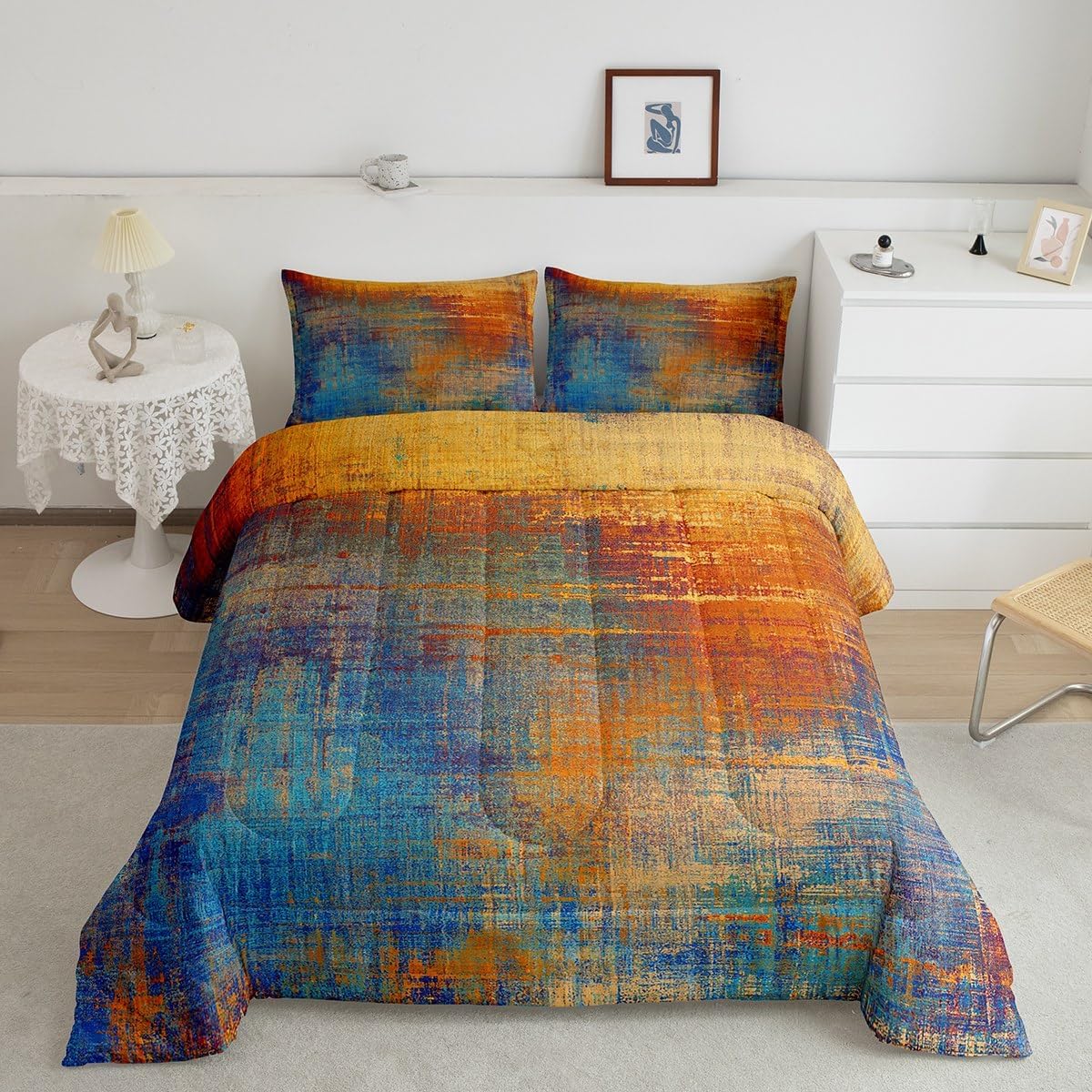 Erosebridal Yellow Ombre Bedding Set White Tie Dye Comforter Set Queen, Grey Abstract Grunge Duvet Insert Gradient Watercolor Quilt Sets, Oil Painting Bedding Comforters & Sets Luxurious 3pcs