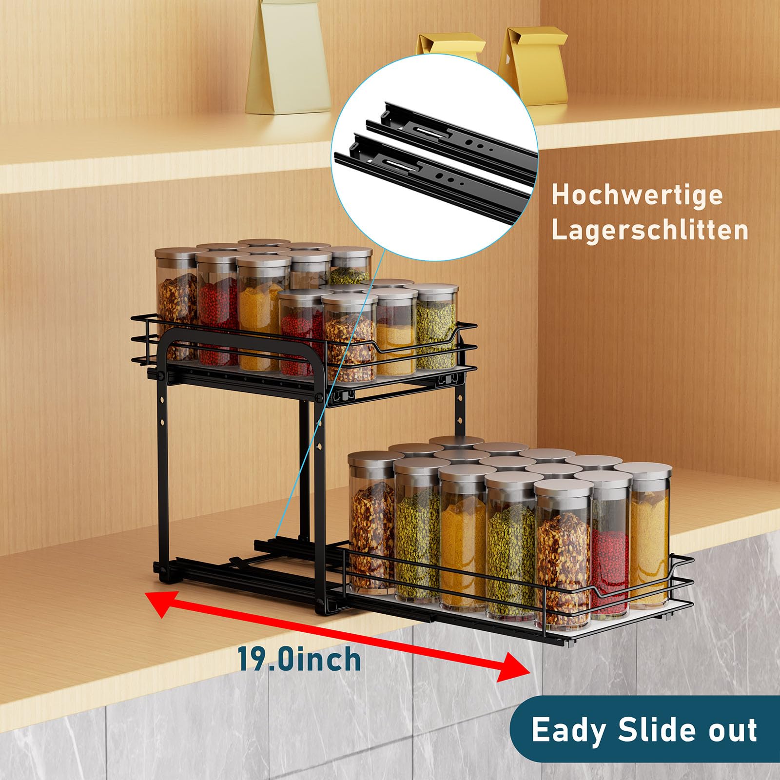 Porta Spezie Per Cucina, Nero Portaspezie Salvaspazio, Portaspezie Regolabili in Altezza Per L'interno Degli Armadietti, Organizzatore Per Armadietti Estraibili, P26.4*L18.2*H23CM