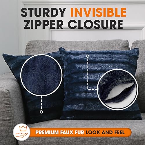 Miniatura 6 de Cheer Collection Almohadas de piel sintética, almohadas decorativas para sofá y cama, lavables a máquina, 16 x 16 pulgadas, color azul (juego de 2)