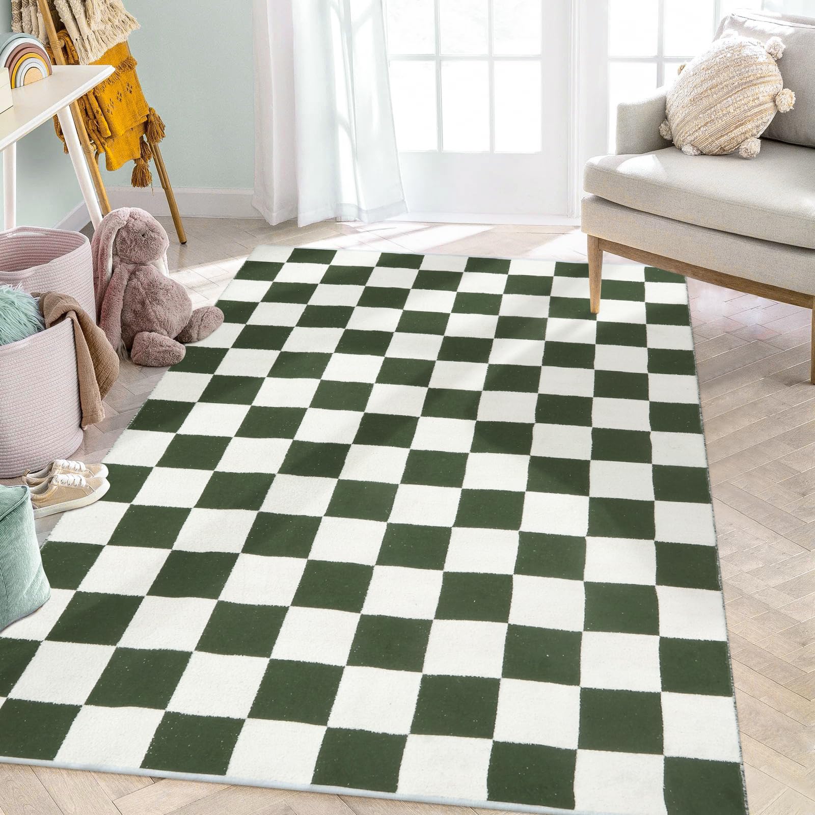 Lahome Checkered Area Rugs for Living Room, Modern Large Green Bedroom Area Rug Cotton Woven Checkerboard Rug, Washable Chekcer Area Rugs for Guestroom Office, Green/White