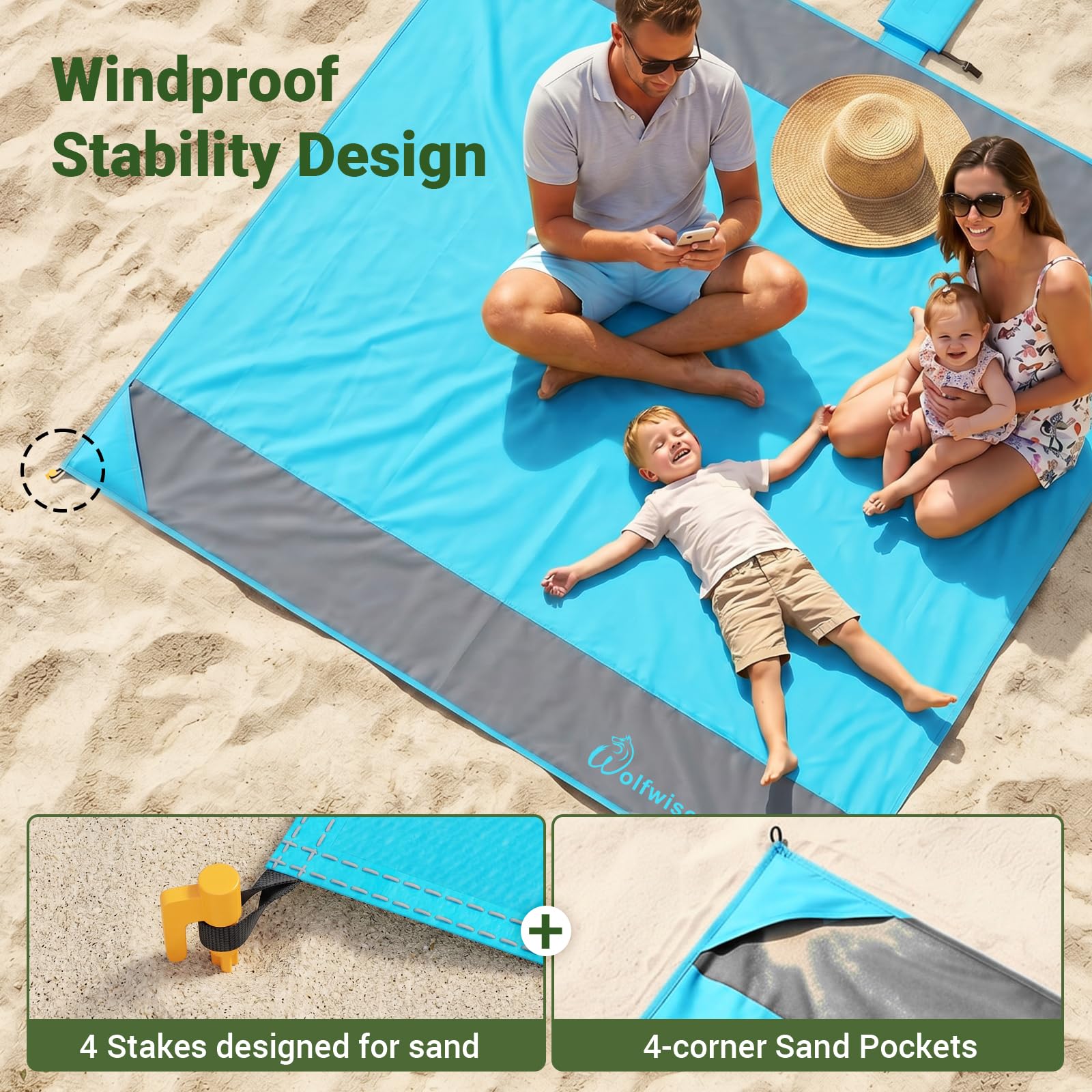 Wolfwise Duża Koc Plażowy 200 x 205 cm, Antypiaskowa i Wodoodporna, Ultralekka dla 4 Osób z 8 Kieszeniami na Piasek i 4 Śledziami, Składana Mata Piknikowa na Plażę Park Podróż, Niebieski