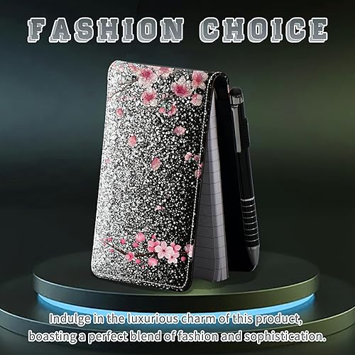 Miniatura 3 de Juego de 4 mini bloc de notas de bolsillo, funda de piel sintética con purpurina Sakura para cuaderno con 2 ranuras para tarjetas, 1 lápiz