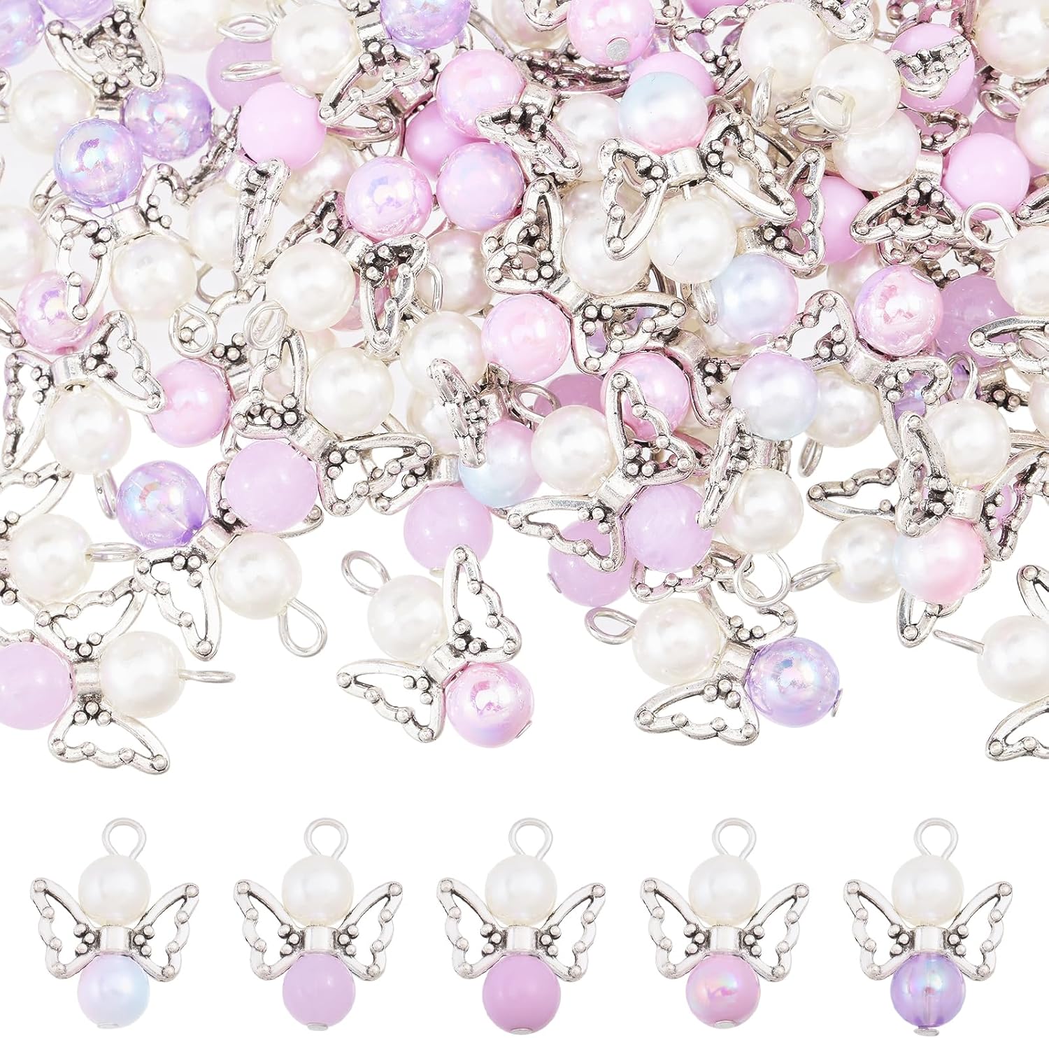 CHGCRAFT Angel Wing Charms Angel Pendant Beads Acrylic Alloy Pendant with Iron Findings Round Antique Silver Platinum Decorations for DIY Jewelry Making Necklace Keychain Crafts