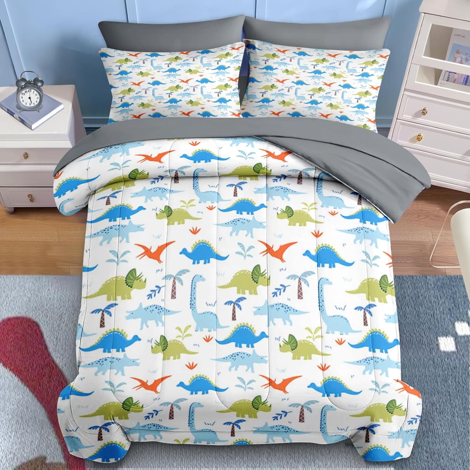 Nesker Comforter Set Full Size, Dinosaur 7 Pcs Bedding for Kids Teens, Wildlife Dino with Fitted Sheet 2 Pillowcases & 2 Shams for Bedroom Bed Decor - Image 3