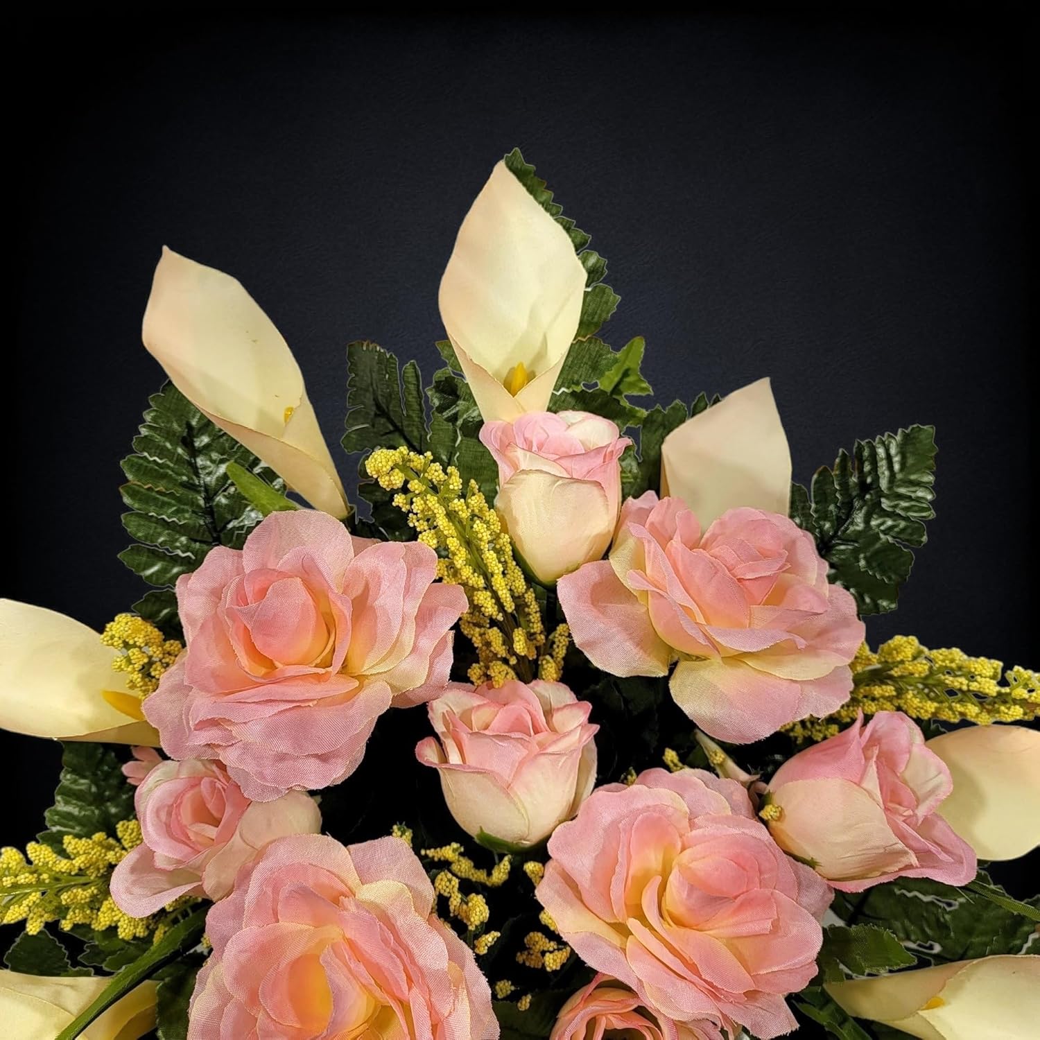 Realistic Artificial Cemetery Flowers - Silk Faux Floral Cream Pink Rose and Calla Lily Bouquet for Grave - Headstone Decoration - Memorial Flowers