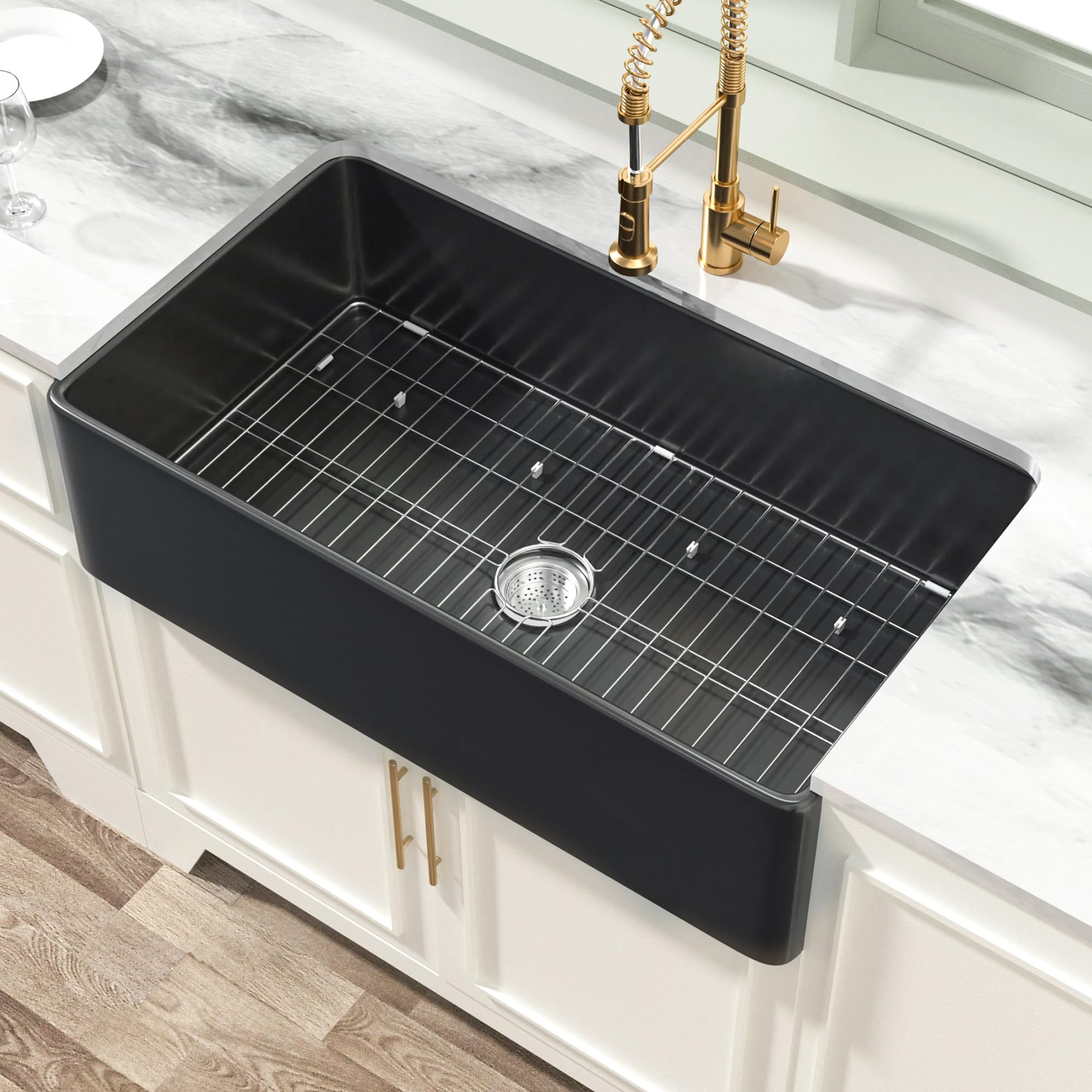 greenfrash ダークブラウン36 Miuara Black Farmhouse Sink 36 Inch - Extra Large Apron