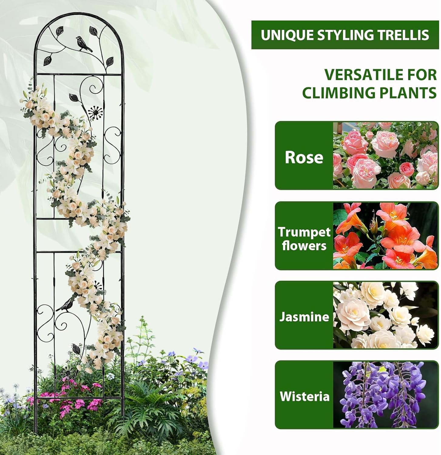 aboxoo Set of 2 Packs Bird Metal Garden Trellis for Climbing Plants,Outdoor Decorative Flowers Arch Fence Trellis for Outdoor Patio,Garden,Lawn,Yard,Backyard,Wall Brackets,60'' H x 11'' W