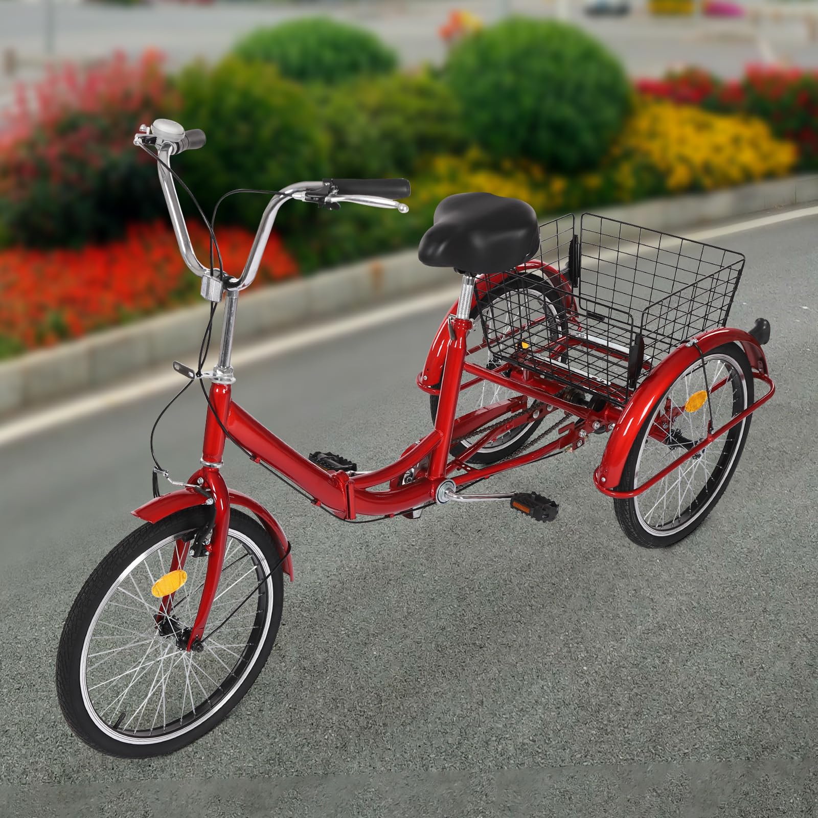 Tricycle pour vélo Adulte 20 Pouces avec Chariot/siège Pliable et Panier provisions Vélo Cruiser 3 Roues Design Traditionnel pour Personnes âgées