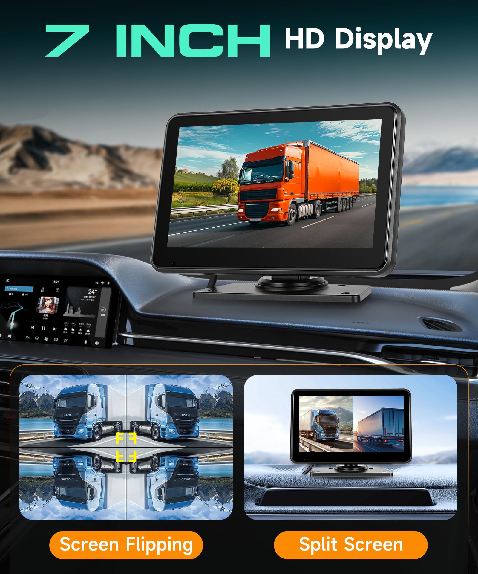 Kamera cofania 7" IPS HD 1080p kolorowy monitor i 2 kamery, kamera cofania z rejestratorem DVR, widoczność w nocy, ostrzeżenie o martwym kącie, USB/TF, wodoszczelna kamera do samochodów ciężarowych