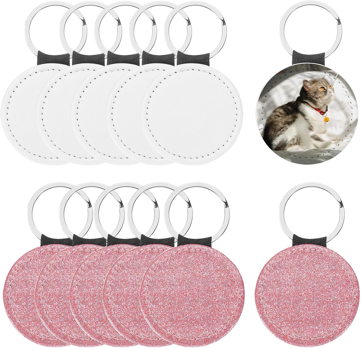 PATIKIL Sublimation Blank Keychains, 12 Pcs Round Keychain Blanks Bulk PU Leather Heat Transfer Key Chains for DIY Craft, Glitter Blue