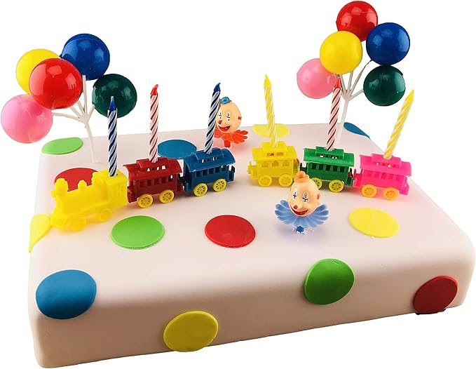Decoration De Gateau Cake Company Train De Cirque Avec Bougies Et Confettis En Sucre Alimentaires Set Comprenant 2 Clowns Et 2 Bouquets De Ballons En Plastique Motif