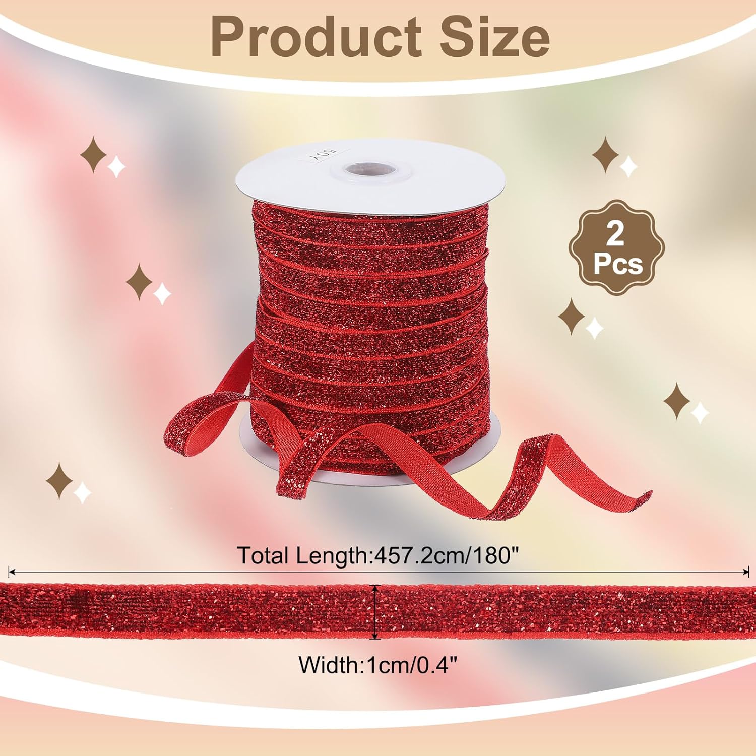 PATIKIL 3/8 Inch x 50 Yards Glitter Velvet Ribbon, 2 Pcs Sparkly Fabric Metallic Ribbons Gift Wrapping Roll for Crafts Hair Bow Wreaths Chrismas Tree Decorations, Red