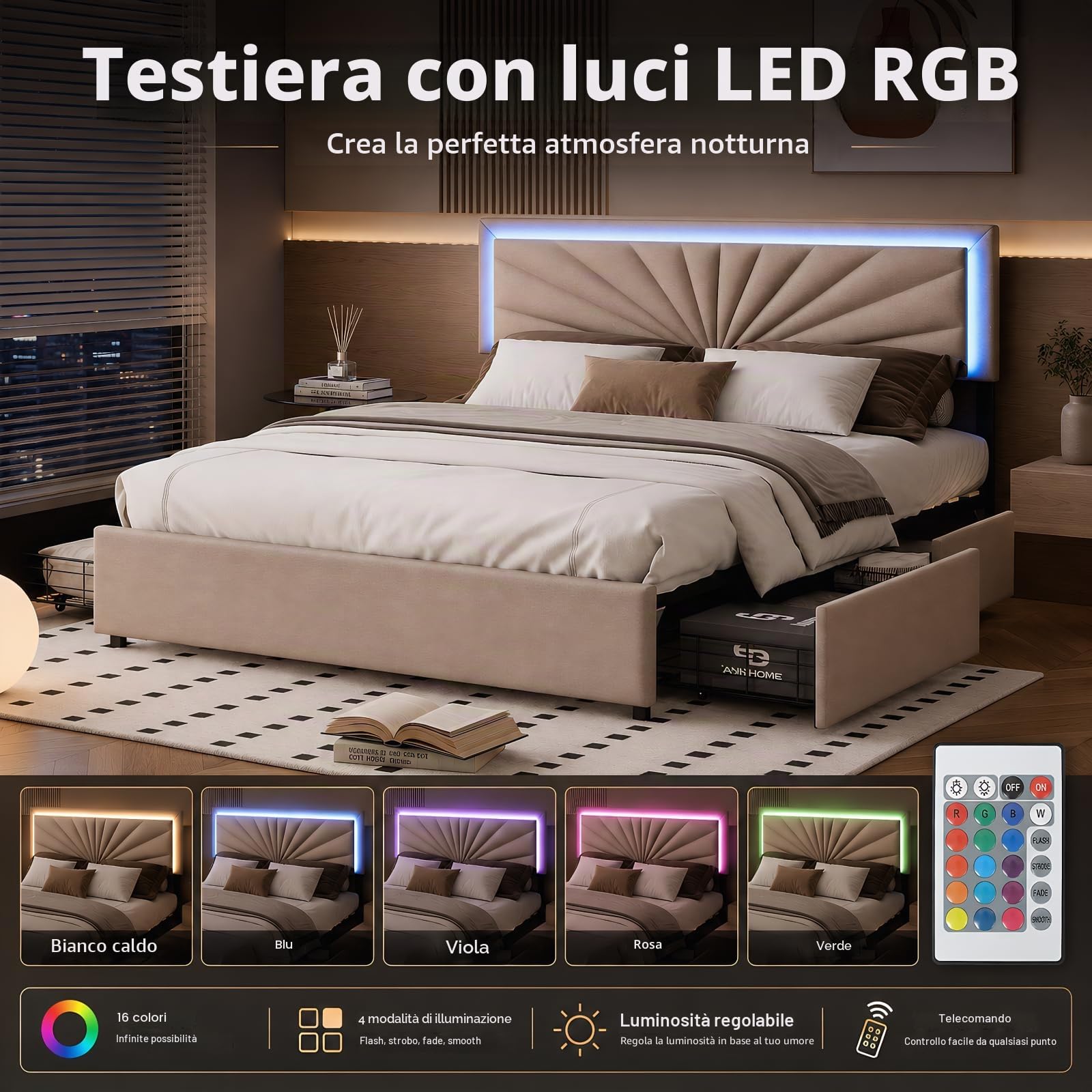 BRILVERDE Letto imbottito 160x200 con Contenitore, letto matrimoniale con LED, con 4 cassetti, letto funzionale con testiera, struttura letto con rete a doghe, Lino (Beige, 160 x 200 cm)