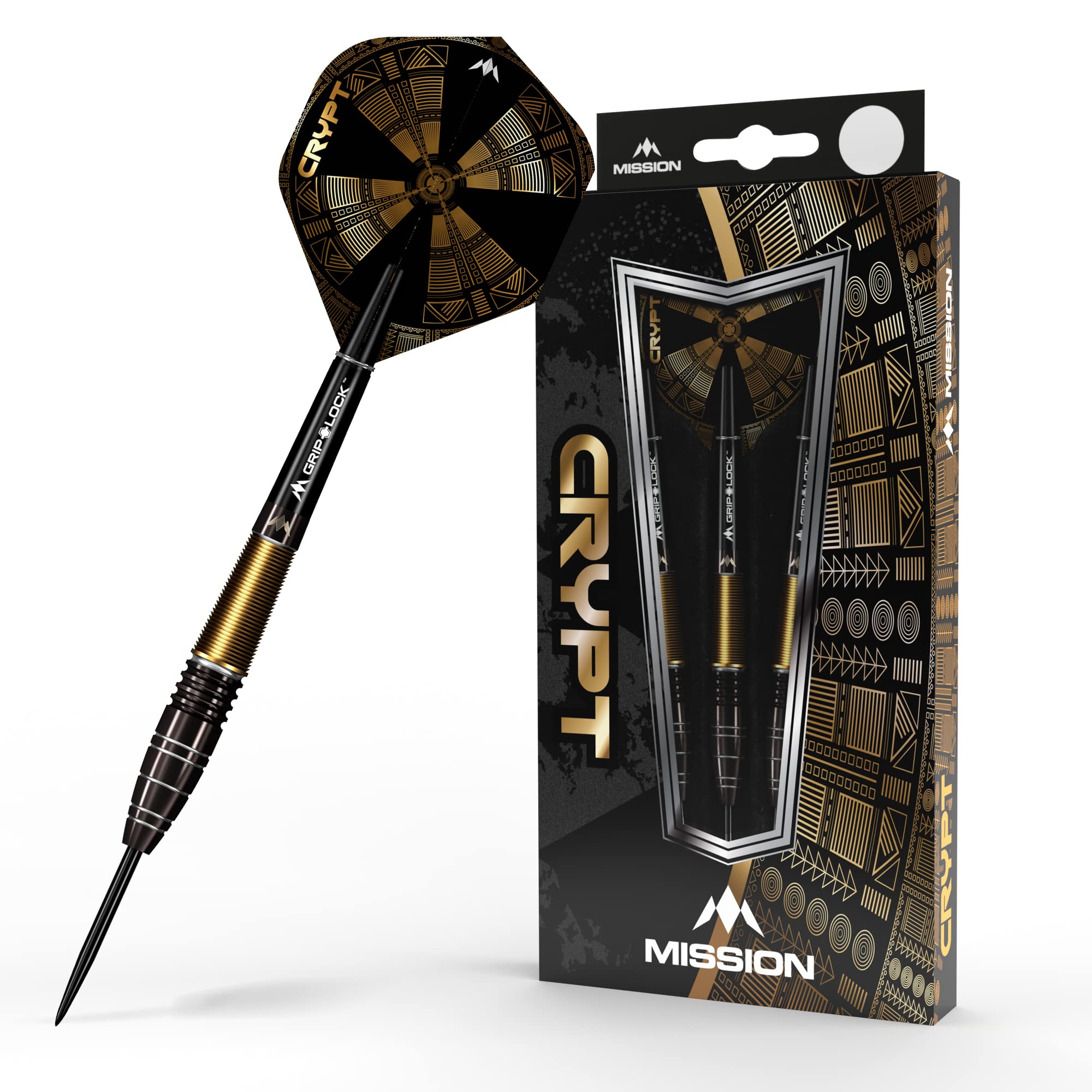 Mission Darts D1595 Crypt | Zestaw rzutek z wysokiej jakości 90% wolframu, czarny i złoty, powlekana PVD beczka i stalowa końcówka, M1, 24 g