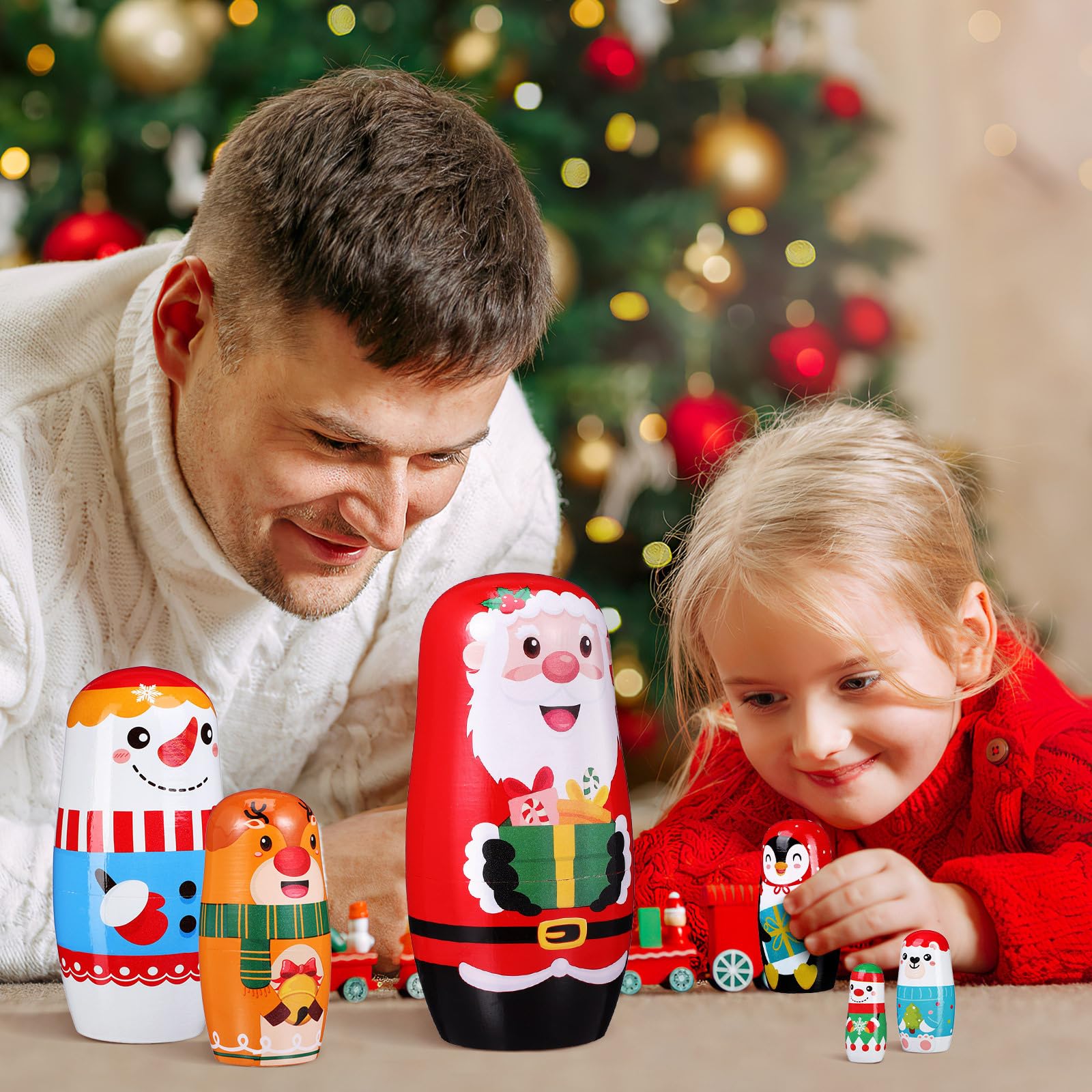 AOKWAWALIY 6pcs Christmas Nesting Dolls Handmade Wooden Stacking Dolls Russian Nesting Dolls Toy Snowman Dolls with Cartoon Pattern Matryoshka for Christmas Decoration Birthday Party Favors