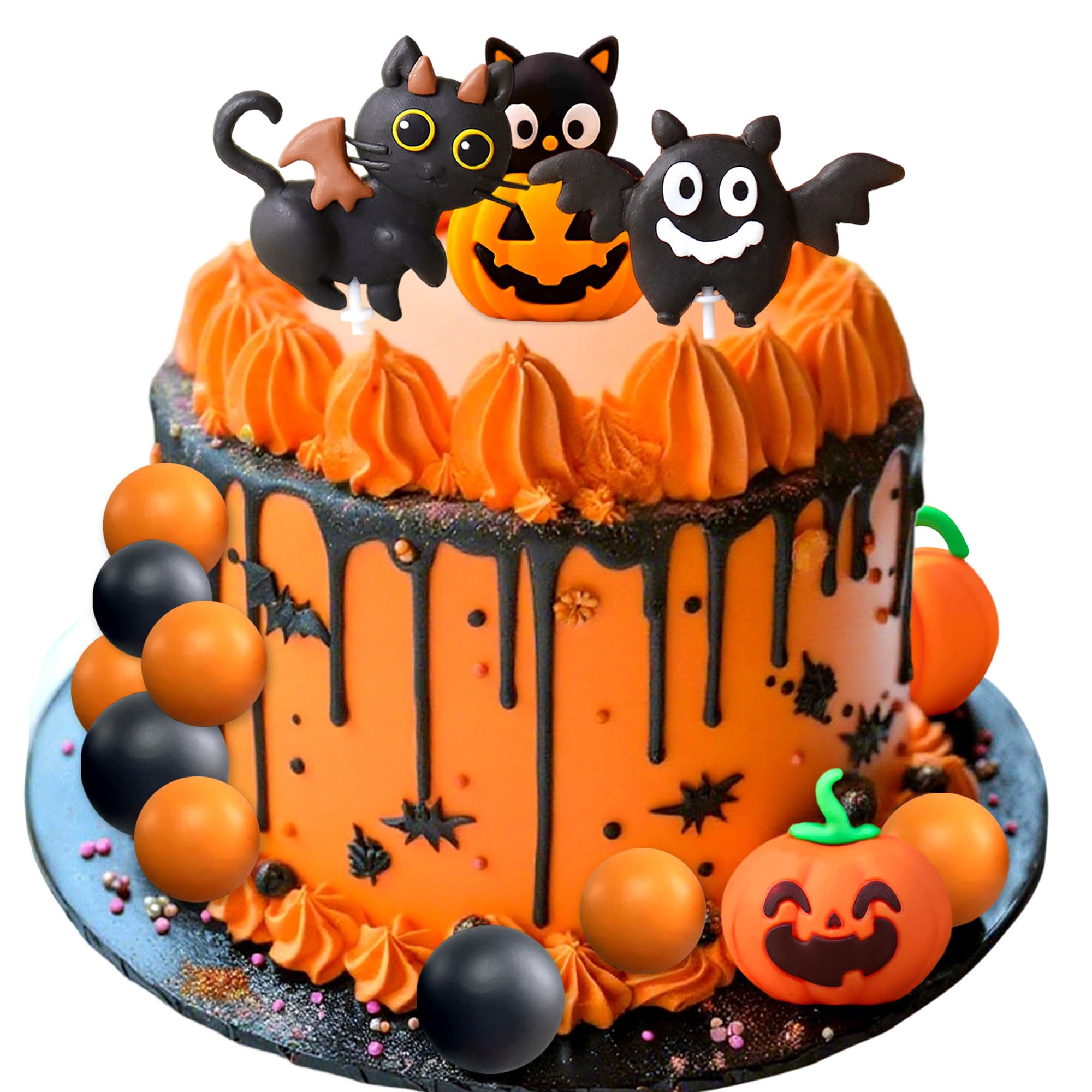 LaVenty Halloween Black Cat Cake Topper Spooky Birthday Cake Decorations, Orange, 5 cm x 1 cm