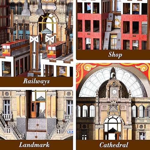 Miniatura 3 de Kit de rincón de libros, rompecabezas de madera 3D para decoración de casa de muñecas con LED, kit de decoración de estantería en miniatura para