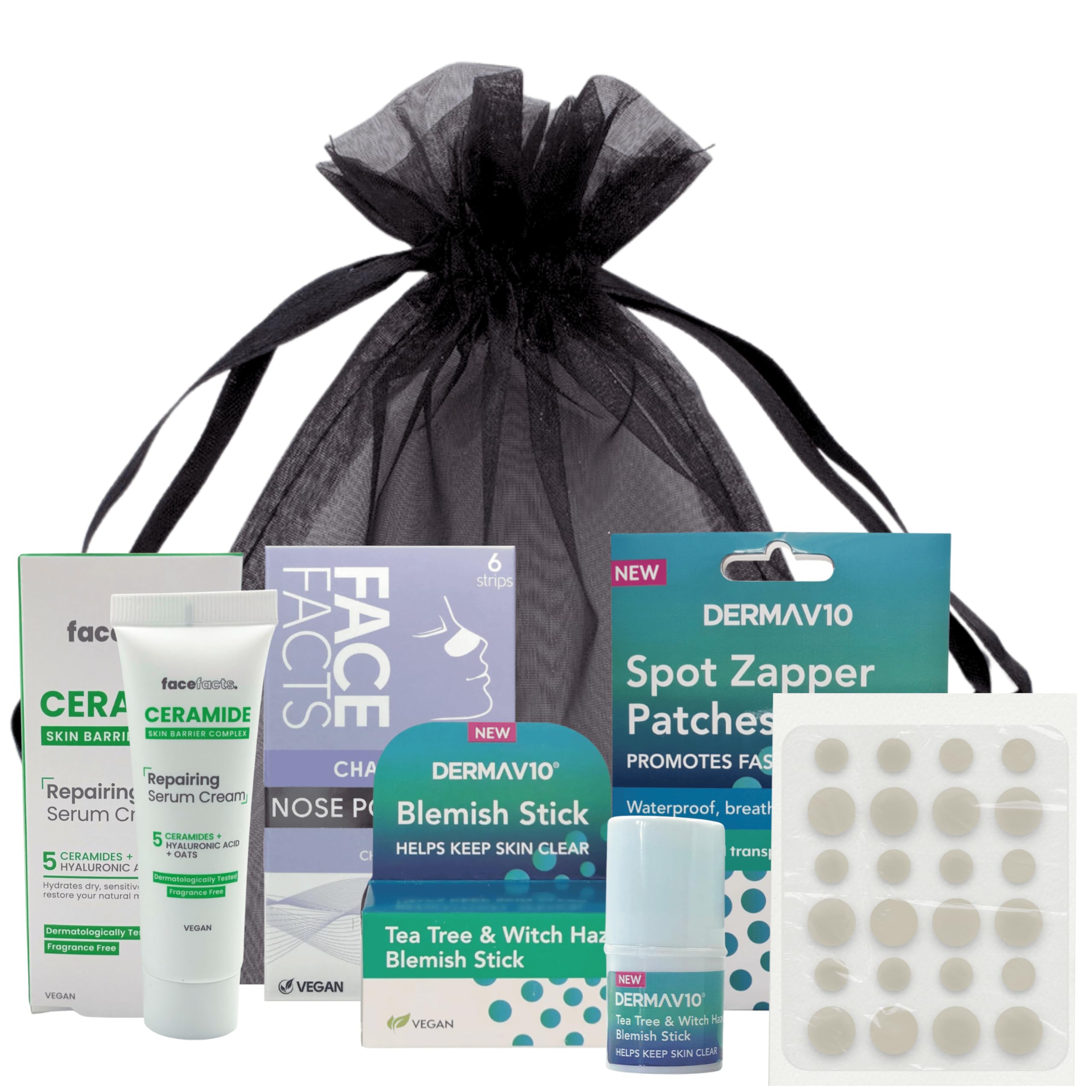 Spot Care Skincare Kit - 4-Piece Gift Set including Pimple Patches, Blemish Stick, Ceramide & Charcoal Nose Strips for Women & Teens