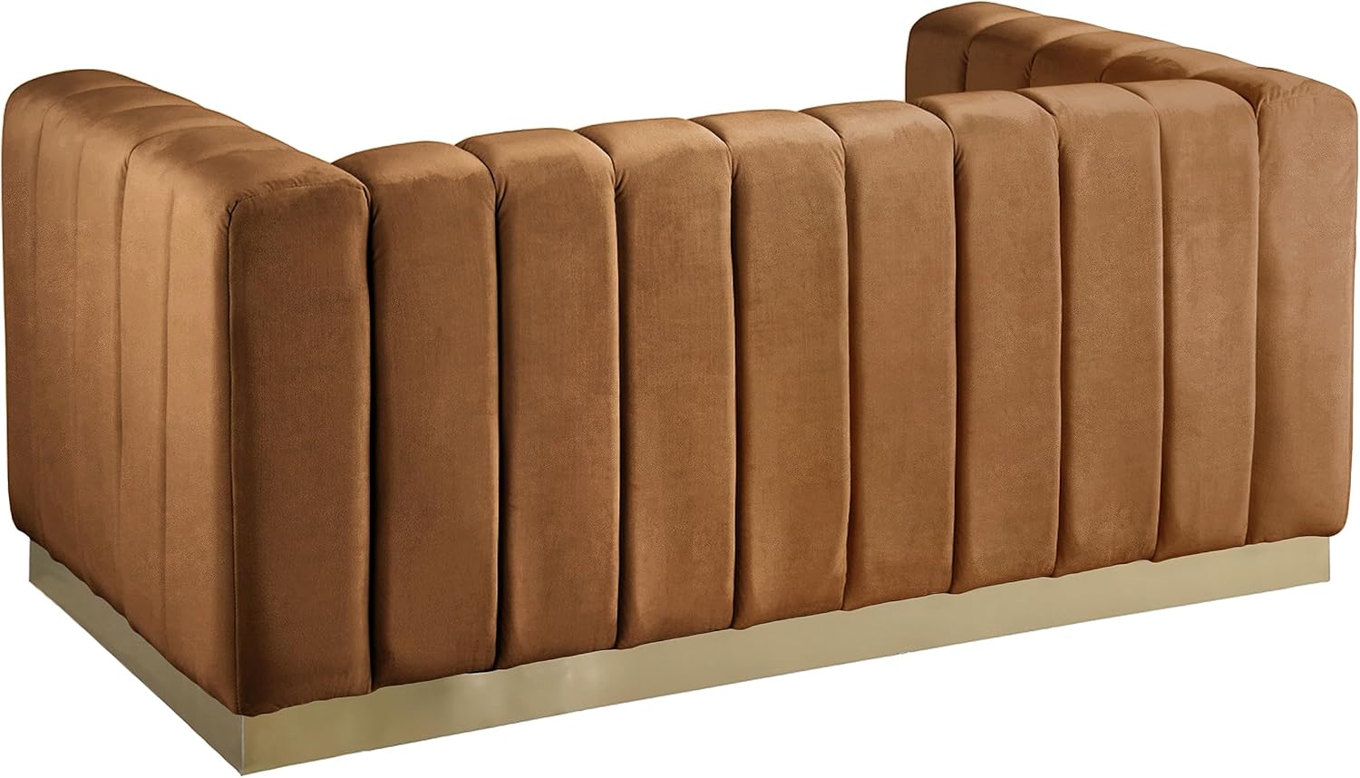 Meridian Furniture 603Saddle-L Marlon Collection Modern | Contemporary Velvet Upholstered Loveseat with Deep Channlel Tufting and Brushed Gold Finish, Saddle, 62.5" W x 34" D x 28" H