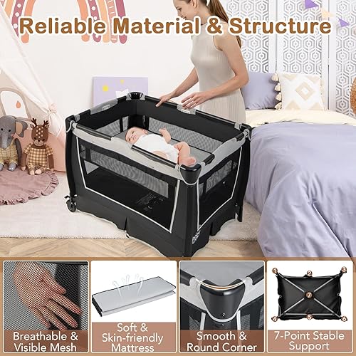 Miniatura 18 de HONEY JOY Empaca y juega con el moisés, paquete central de guardería infantil y juega con cuna y juguetes colgantes para recién nacidos, bolsa