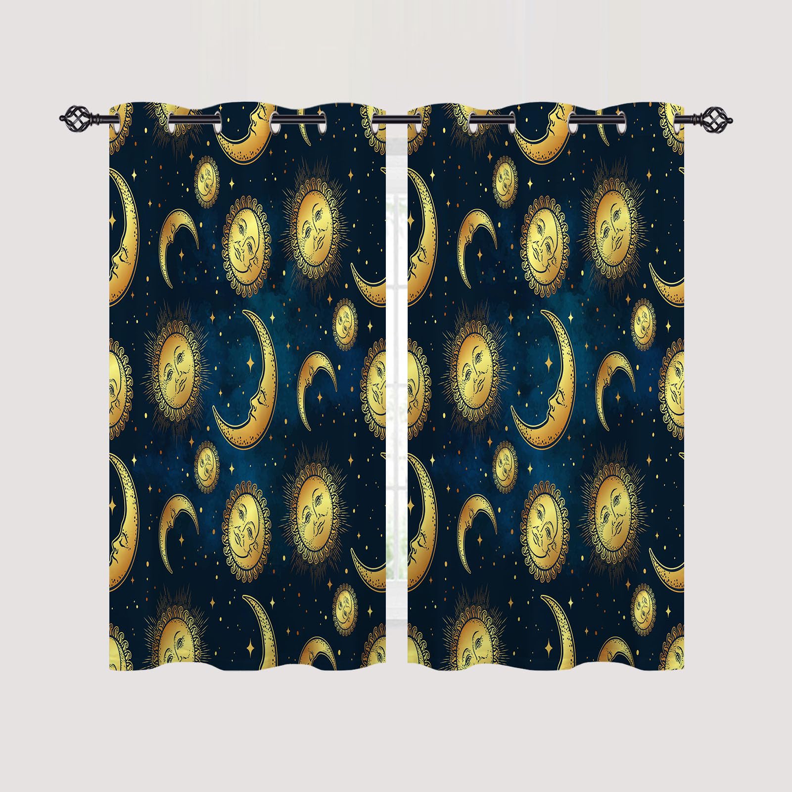ANHOPE Sun Moon Stars Curtains Eyelet Ring Top Blackout Thermal Insulated Curtains Boho Style Blue Night Sky Background Print Pattern Soft Window Drapes for Bedroom Living Room 46 x 54 Inch 2 Panels - Image 2