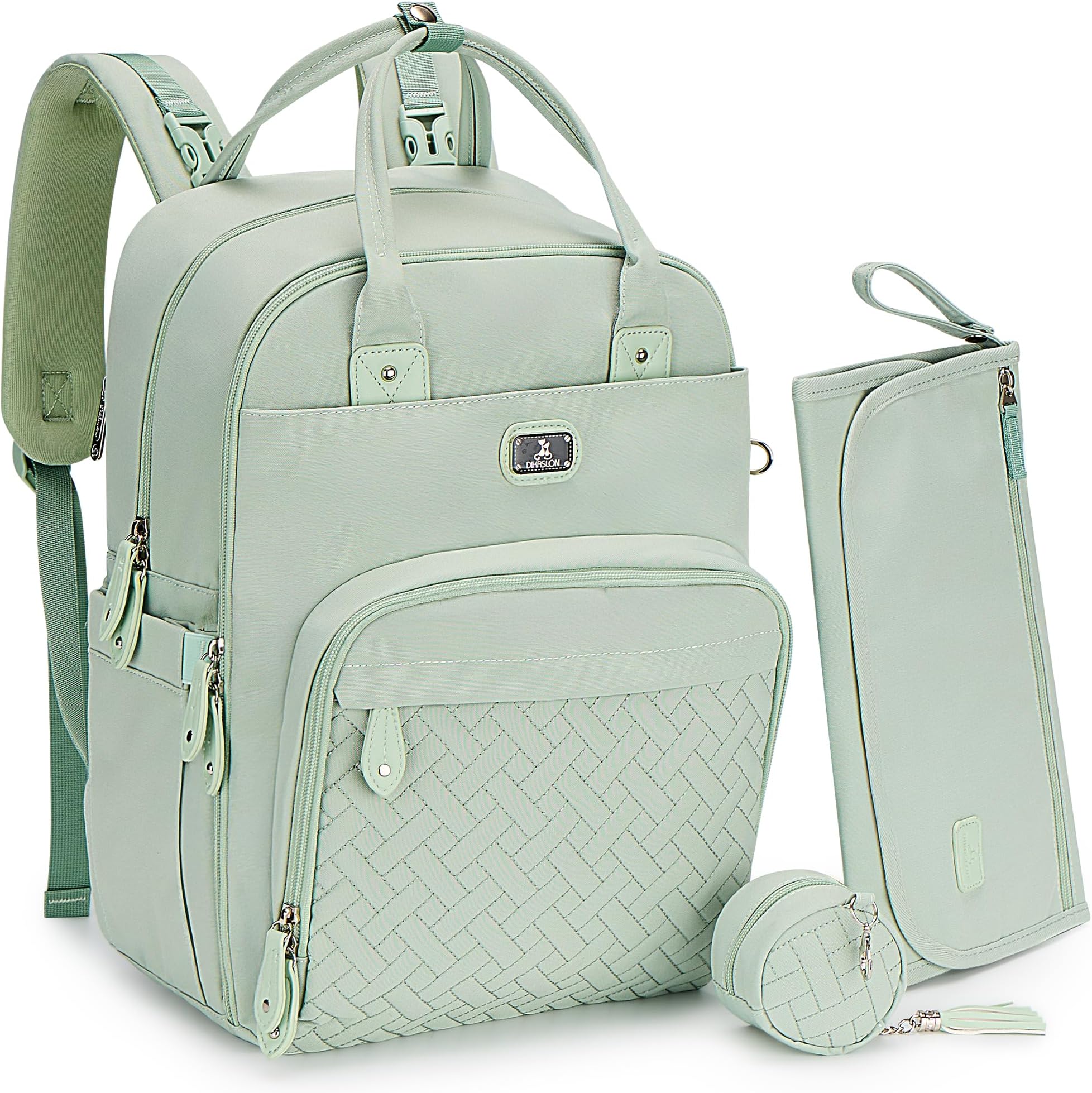 Dikaslon Diaper Bag Backpack with Portable Changing Pad, Pacifier Case and Stroller Straps, Large Unisex Baby Bags for Boys Girls, Multipurpose Travel Back Pack for Moms Dads, Mint Green
