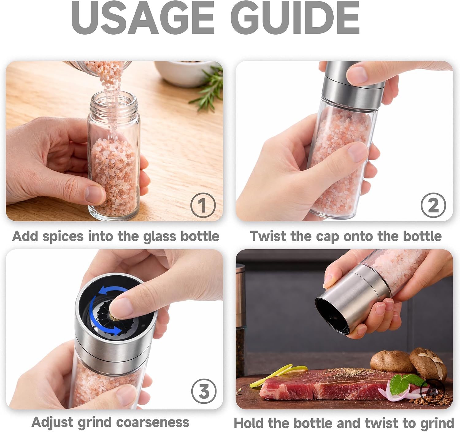 Salt or Pepper Grinder, Stainless Steel Refillable Mill,1-pack