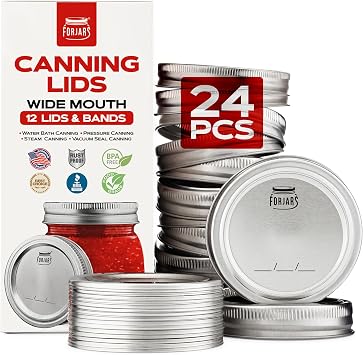 FORJARS Wide Mouth Canning Lids and Rings 24 Pcs / 12 Sets - Airtight Seals on Mason Jars to Preserve Food for Meal Prep - 2.7 In. Stainless Steel and Bands with Silicone Seals Canning Supplies