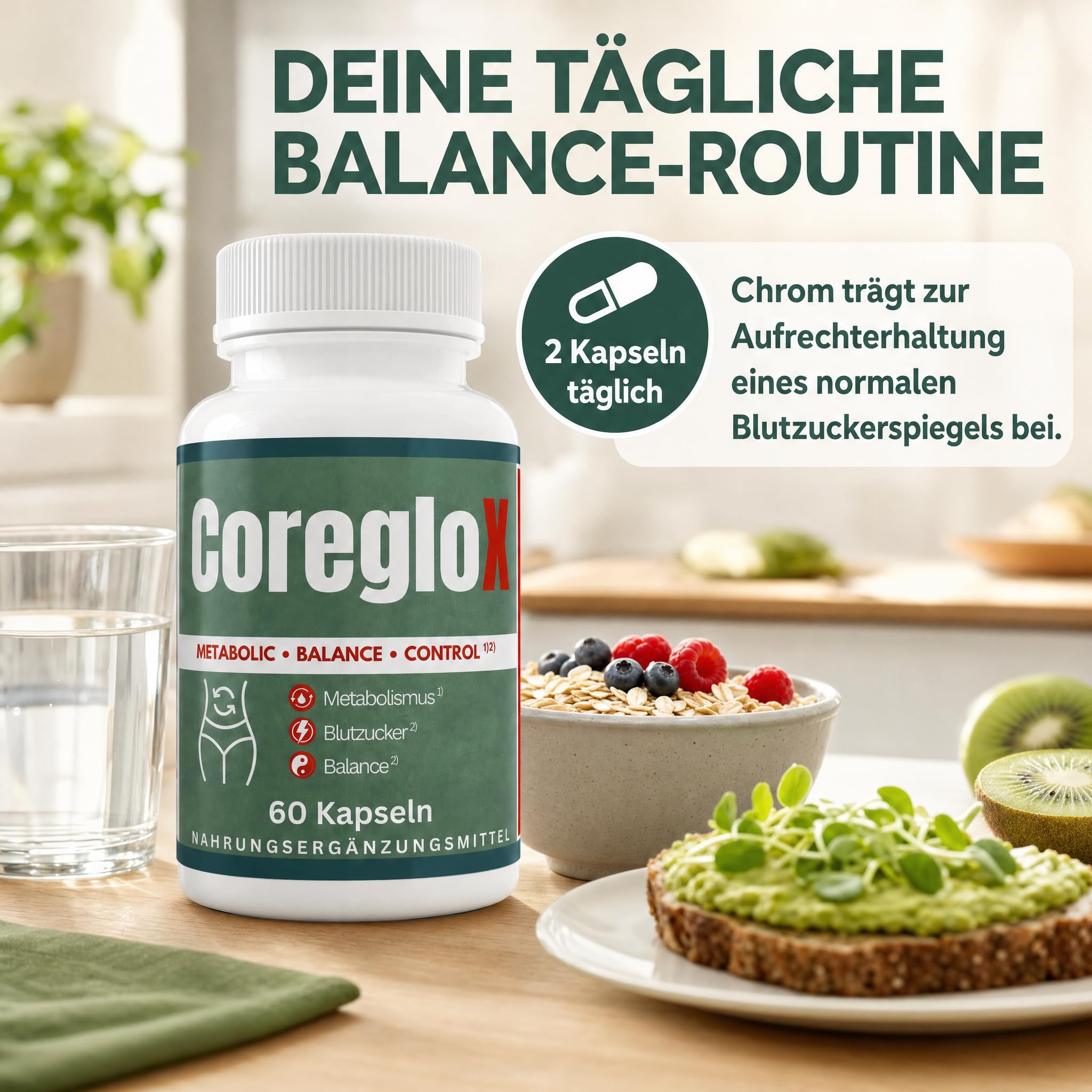 CoreGLO X 60 Stoffwechsel Kapseln mit Chrom & Jod, Original von ZENICAPS – Chrom für normalen Makronährstoffwechsel, Jod für Energiestoffwechsel – mit Grüntee, grünem Kaffee, L-Carnitin & L-Tyrosin