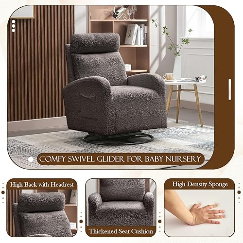Miniatura 3 de KINFFICT Silla giratoria moderna, mecedora tapizada para el cuarto del bebé, cómoda silla mecedora con respaldo alto con bolsillo lateral y