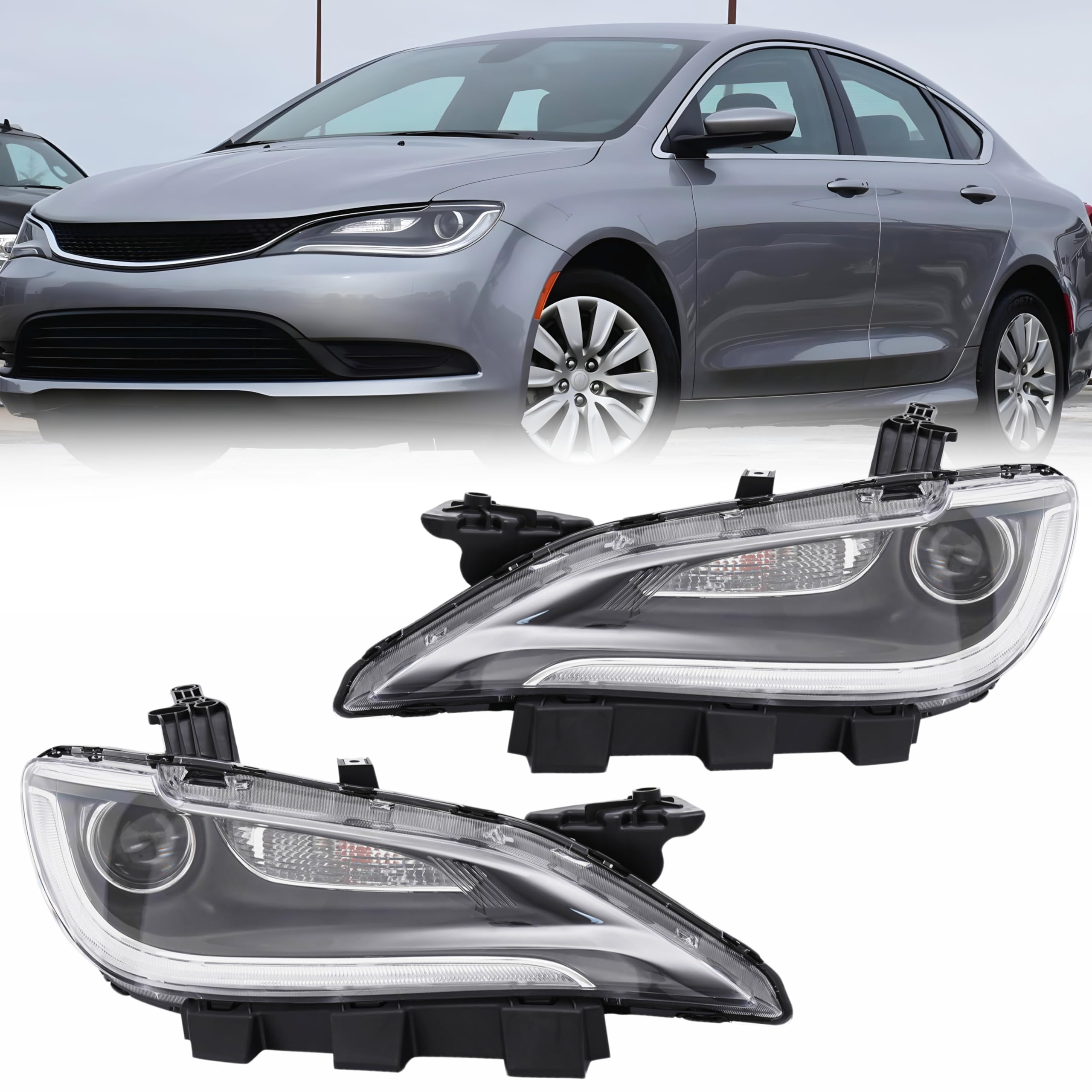 CHENDIAN For 2016-2017 Chrysler 200 C/Limited Headlight Assembly - Halogen Headlamp, Left Driver Side & Right Passenger Side, w/Bulbs, w/LED DRL, OEM