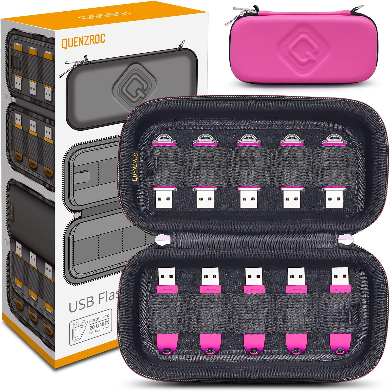 QUENZROC USB Flash Drives Case Organizer Fits 20 Thumb Drives USB Sticks Holder Hard Shell Storage Case Portable Box Travel Carrying Pouch